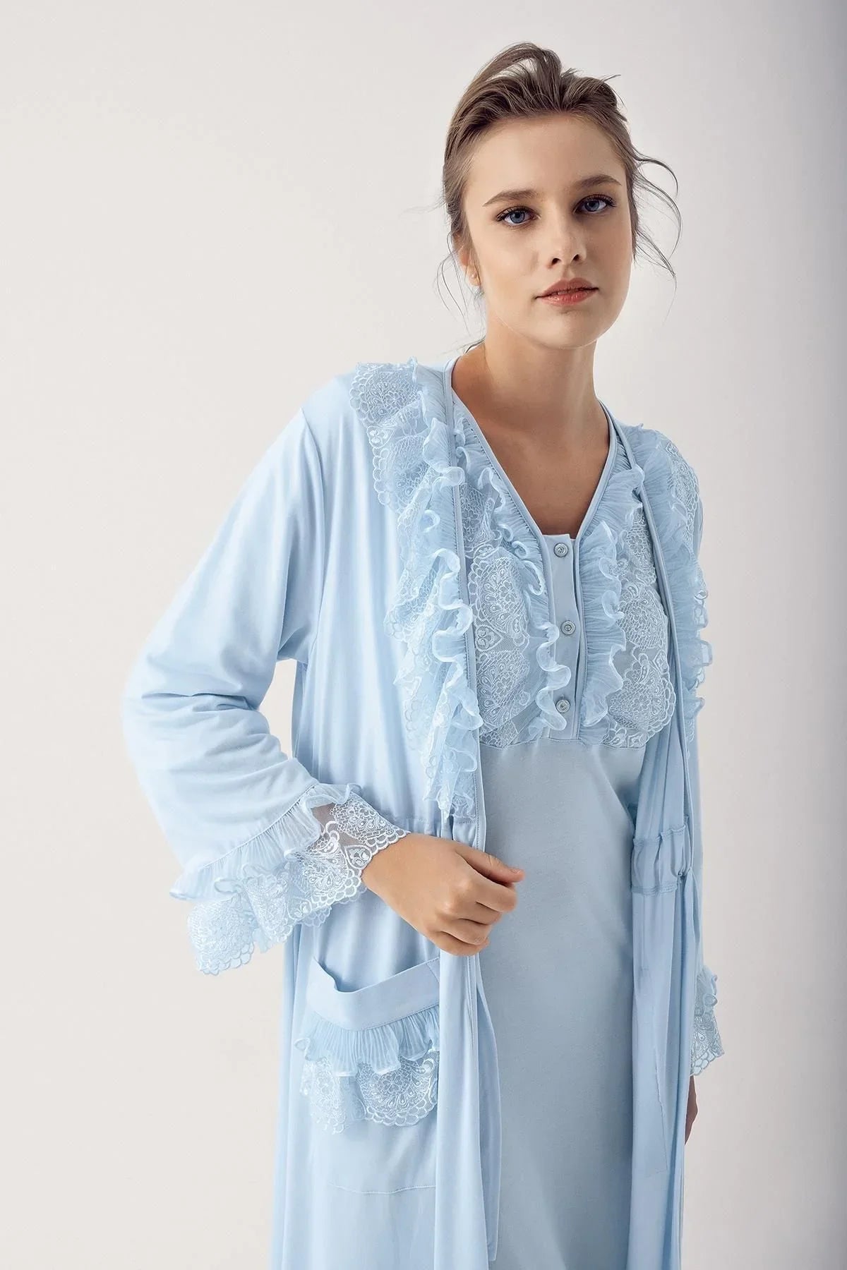 Düğmeli Dantelli Uzun Kollu Esnek Viskoz Gecelik 14103