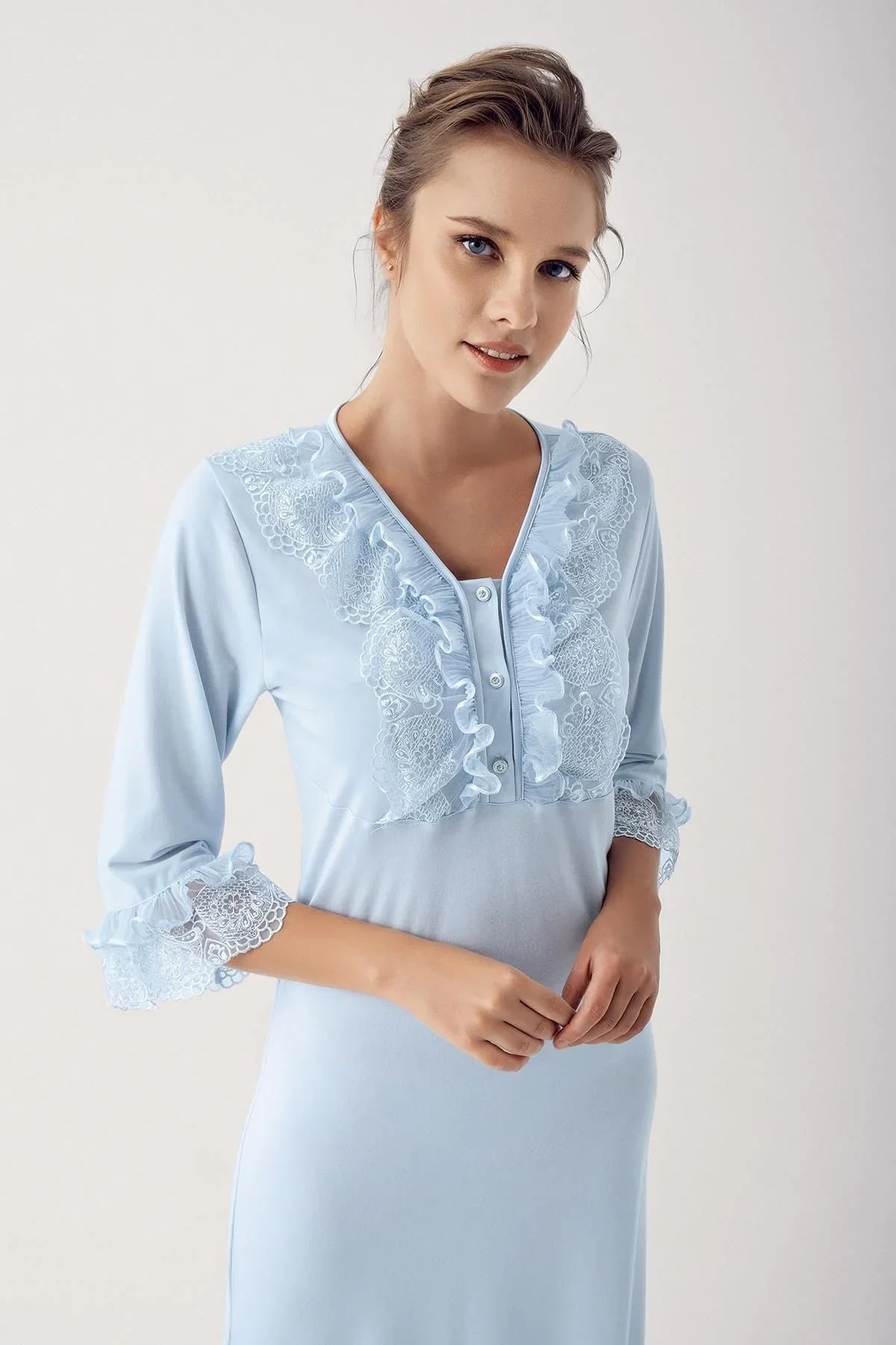 Düğmeli Dantelli Uzun Kollu Esnek Viskoz Gecelik 14103