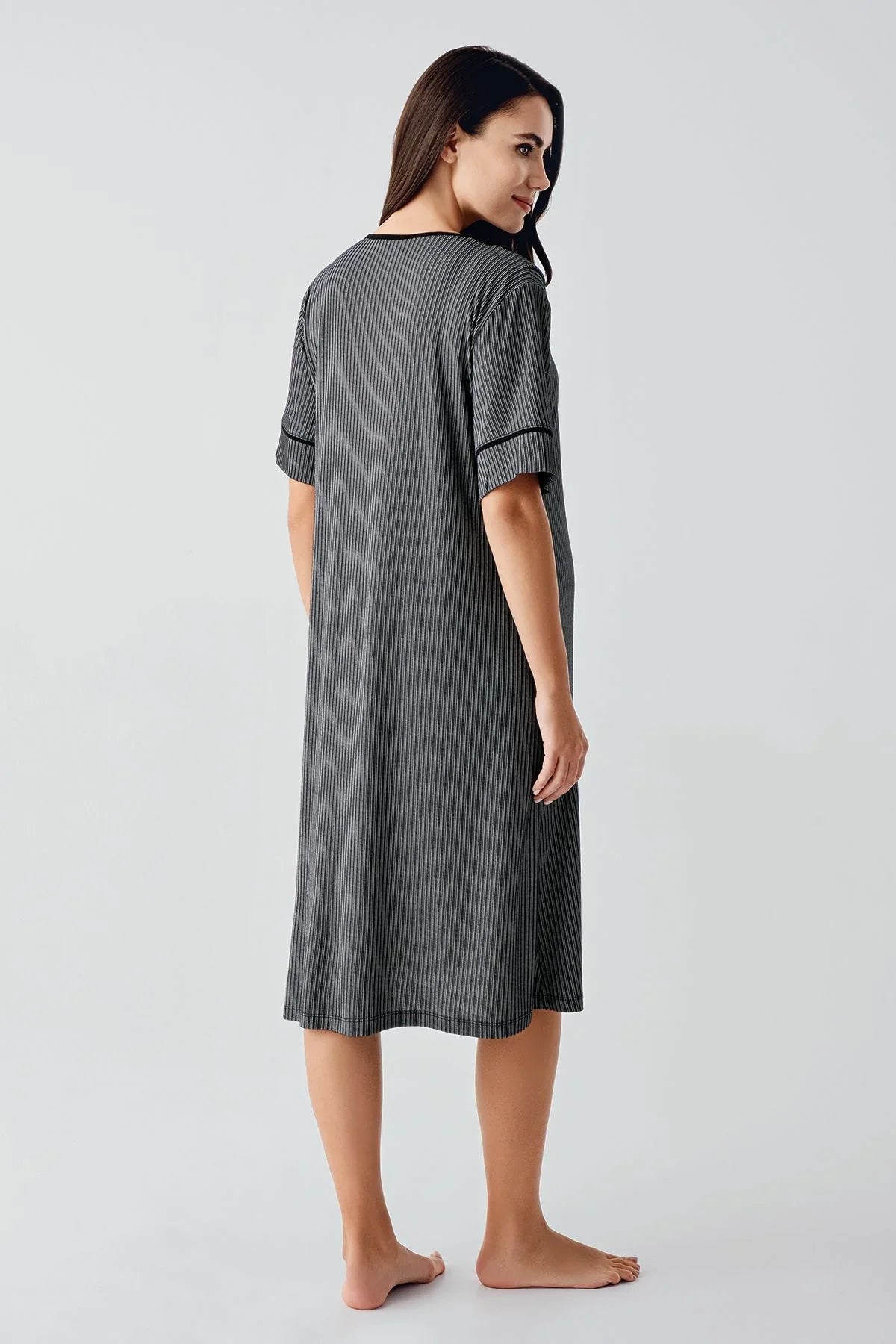 Düğmeli Kısa Kısa Kollu Esnek Viskoz Hamile Gecelik 14128