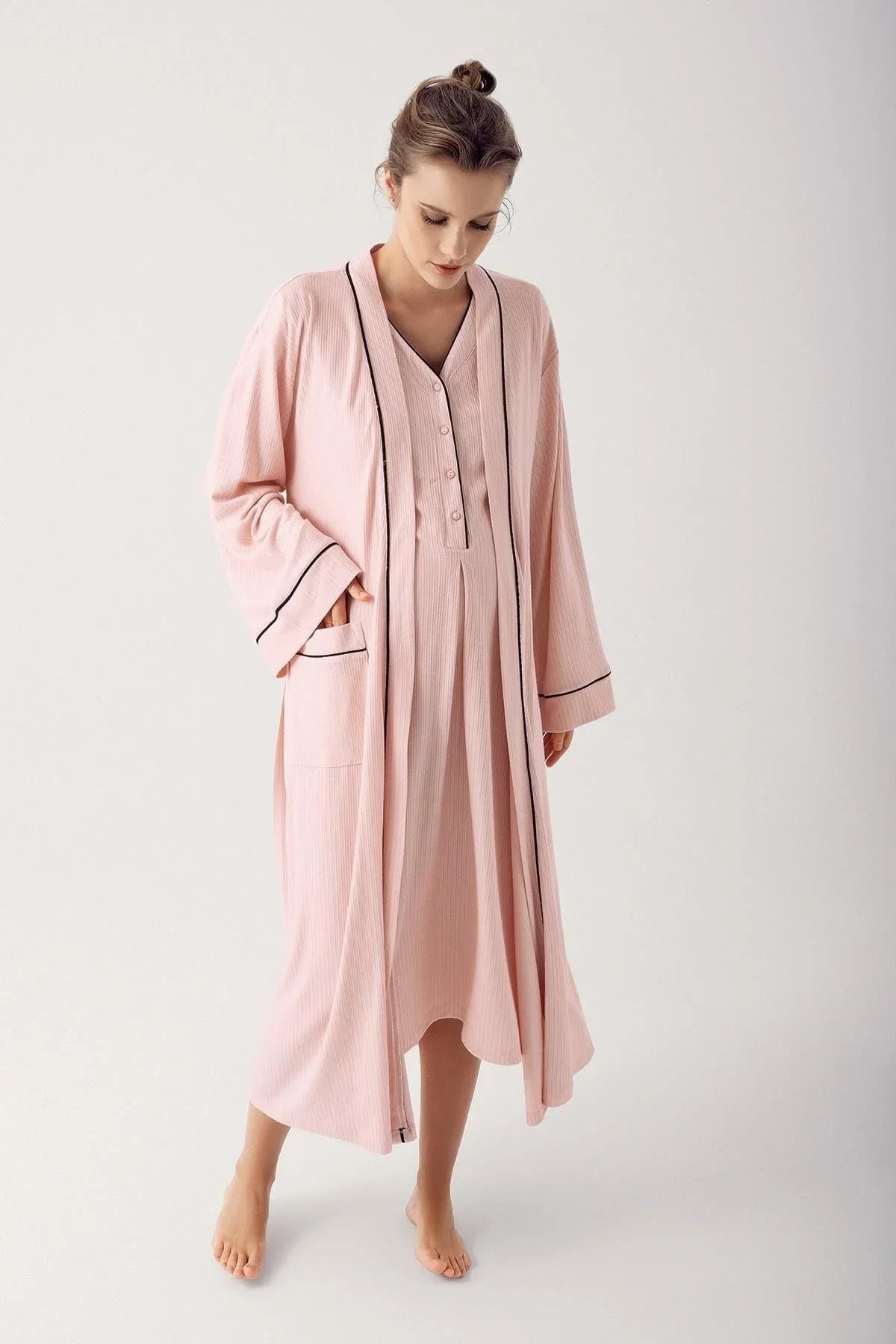 Düğmeli Kısa Kollu Esnek Viskoz Hamile Gecelik Sabahlık Takım 14406