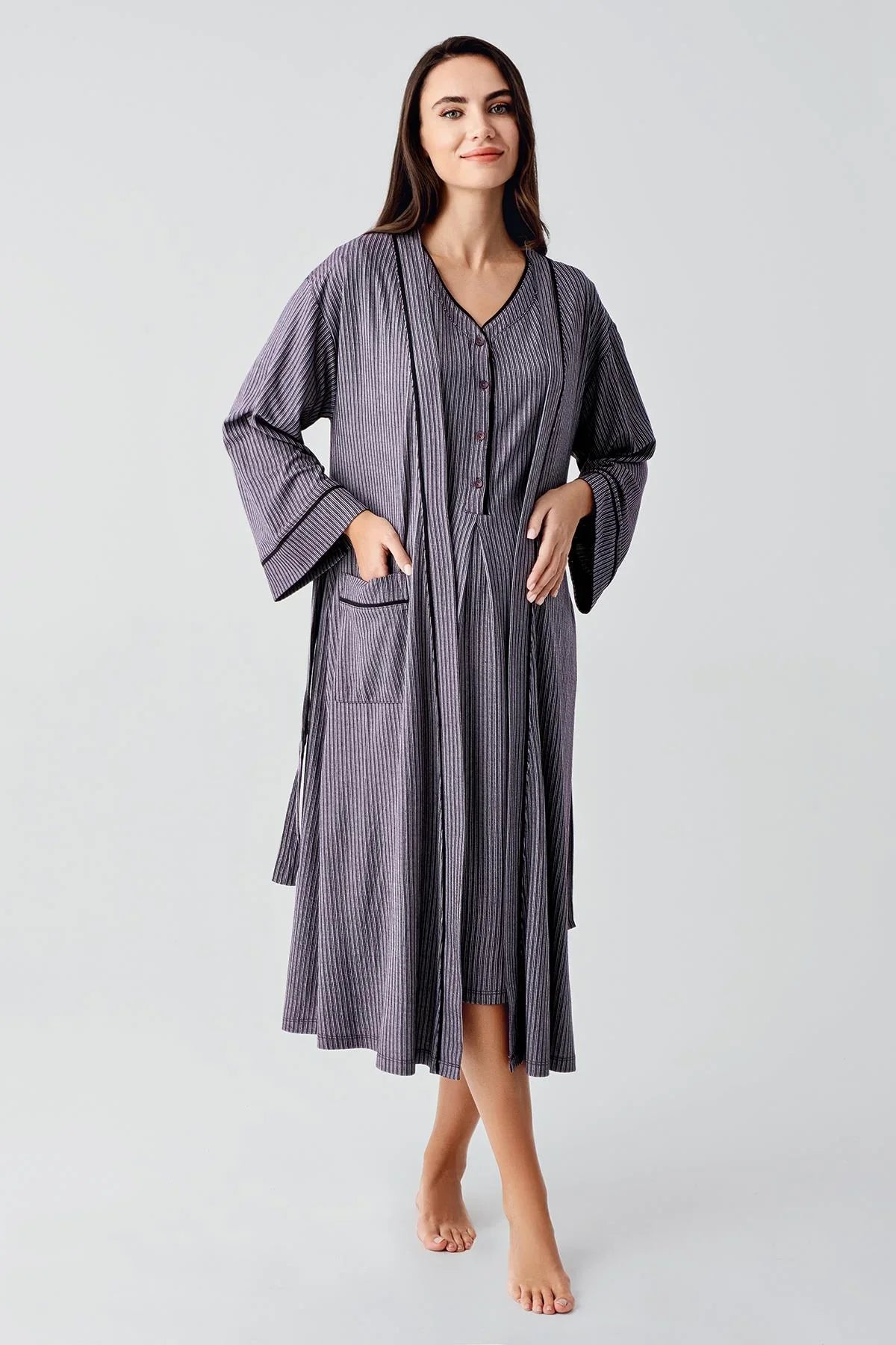 Düğmeli Kısa Kollu Esnek Viskoz Hamile Gecelik Sabahlık Takım 14406