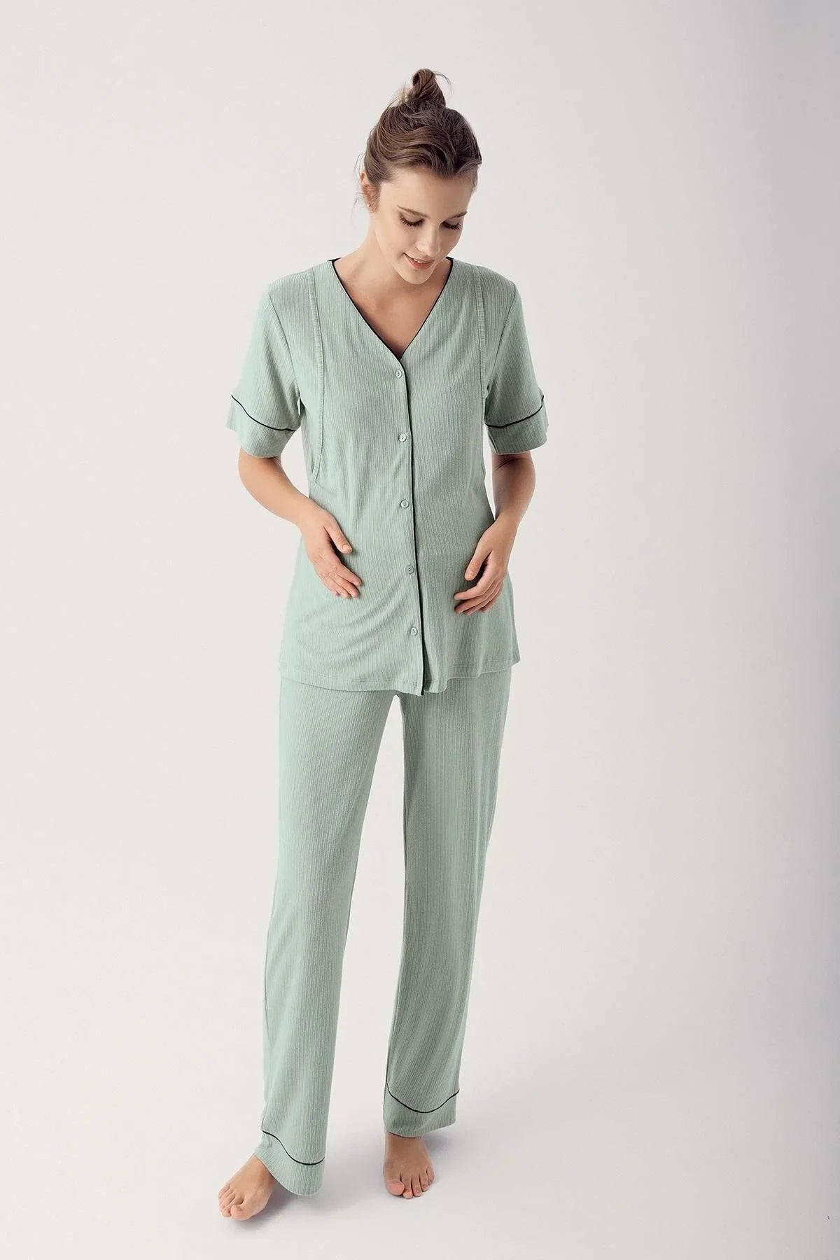 Düğmeli Kısa Kollu Esnek Viskoz Hamile Pijama Takımı 14209 - Artış Collection