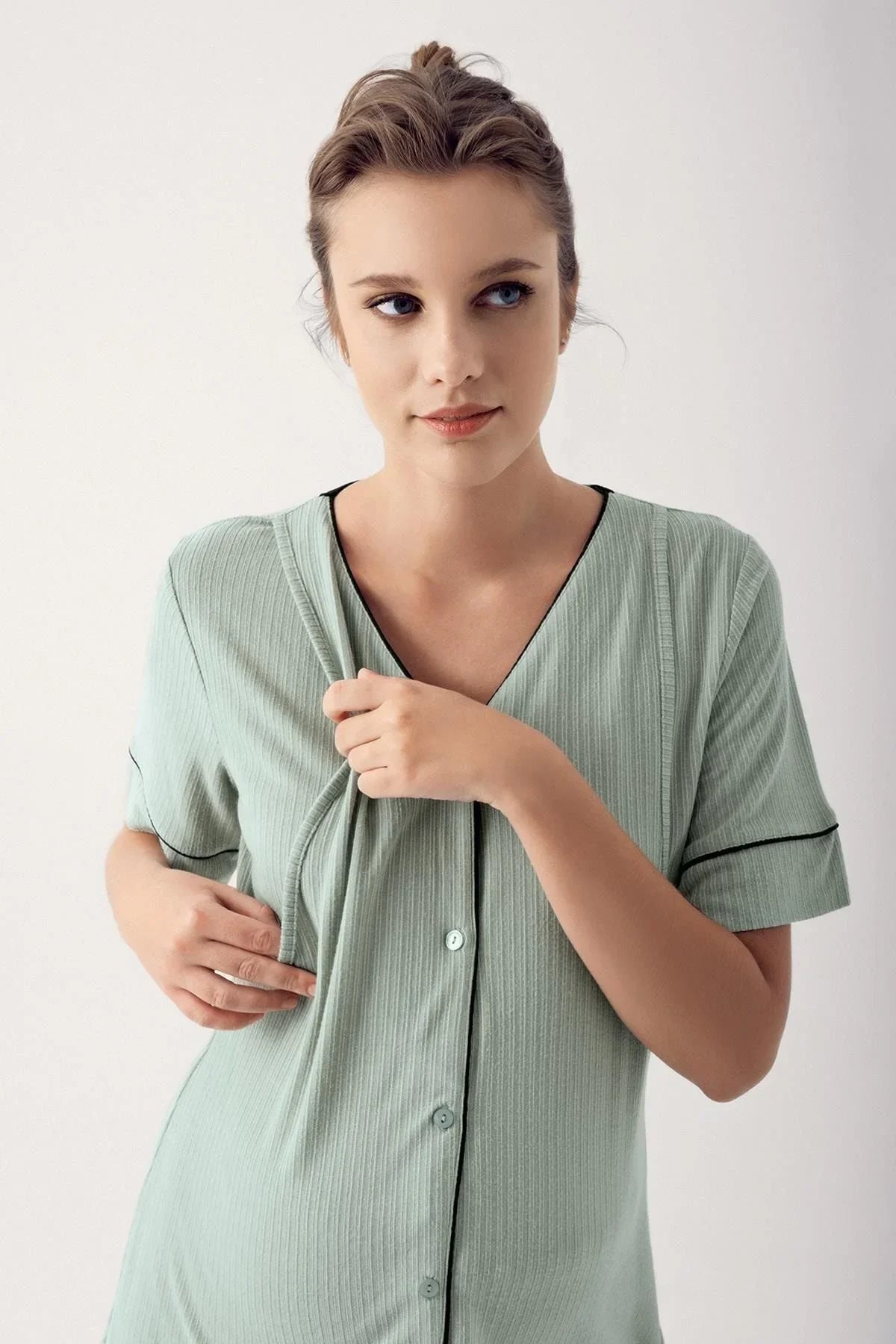 Düğmeli Kısa Kollu Esnek Viskoz Hamile Pijama Takımı 14209 - Artış Collection