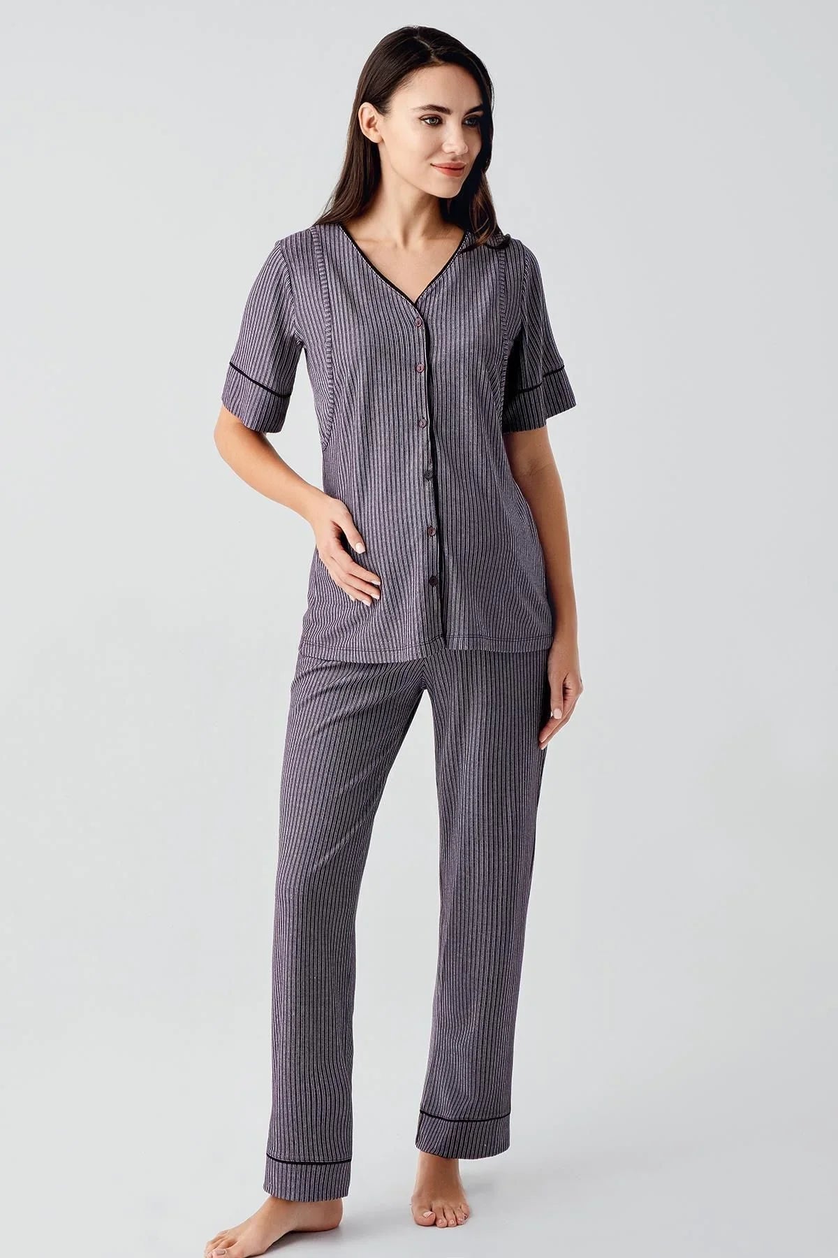 Düğmeli Kısa Kollu Esnek Viskoz Hamile Pijama Takımı 14209 - Artış Collection