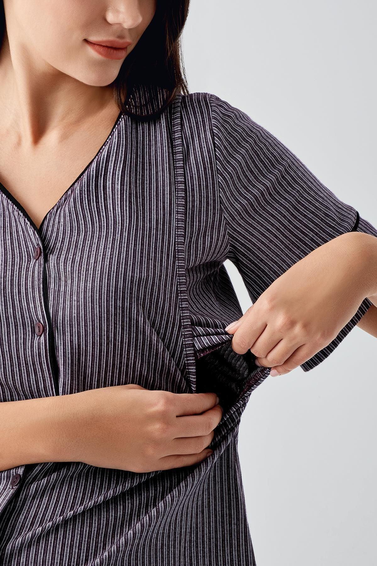 Düğmeli Kısa Kollu Esnek Viskoz Hamile Pijama Takımı 14209 - Artış Collection