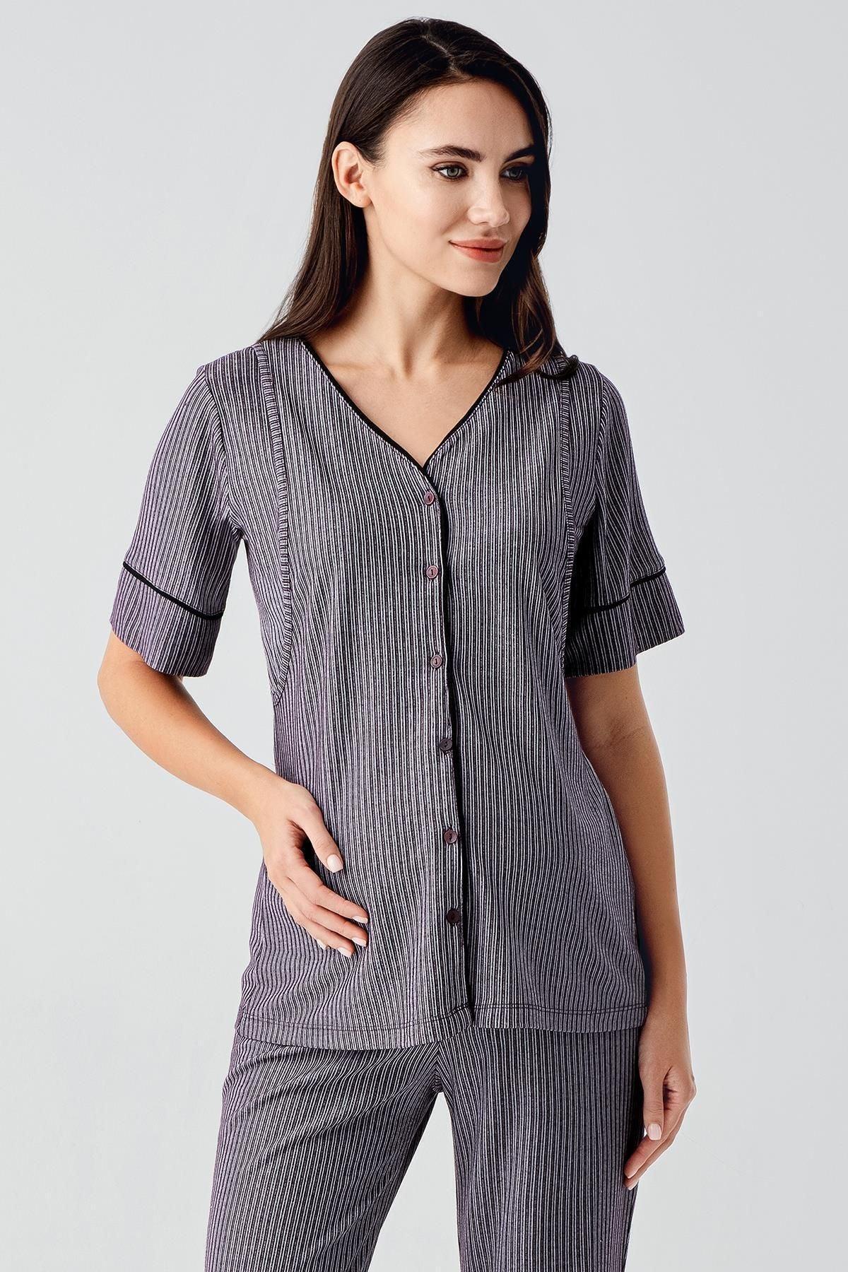 Düğmeli Kısa Kollu Esnek Viskoz Hamile Pijama Takımı 14209 - Artış Collection