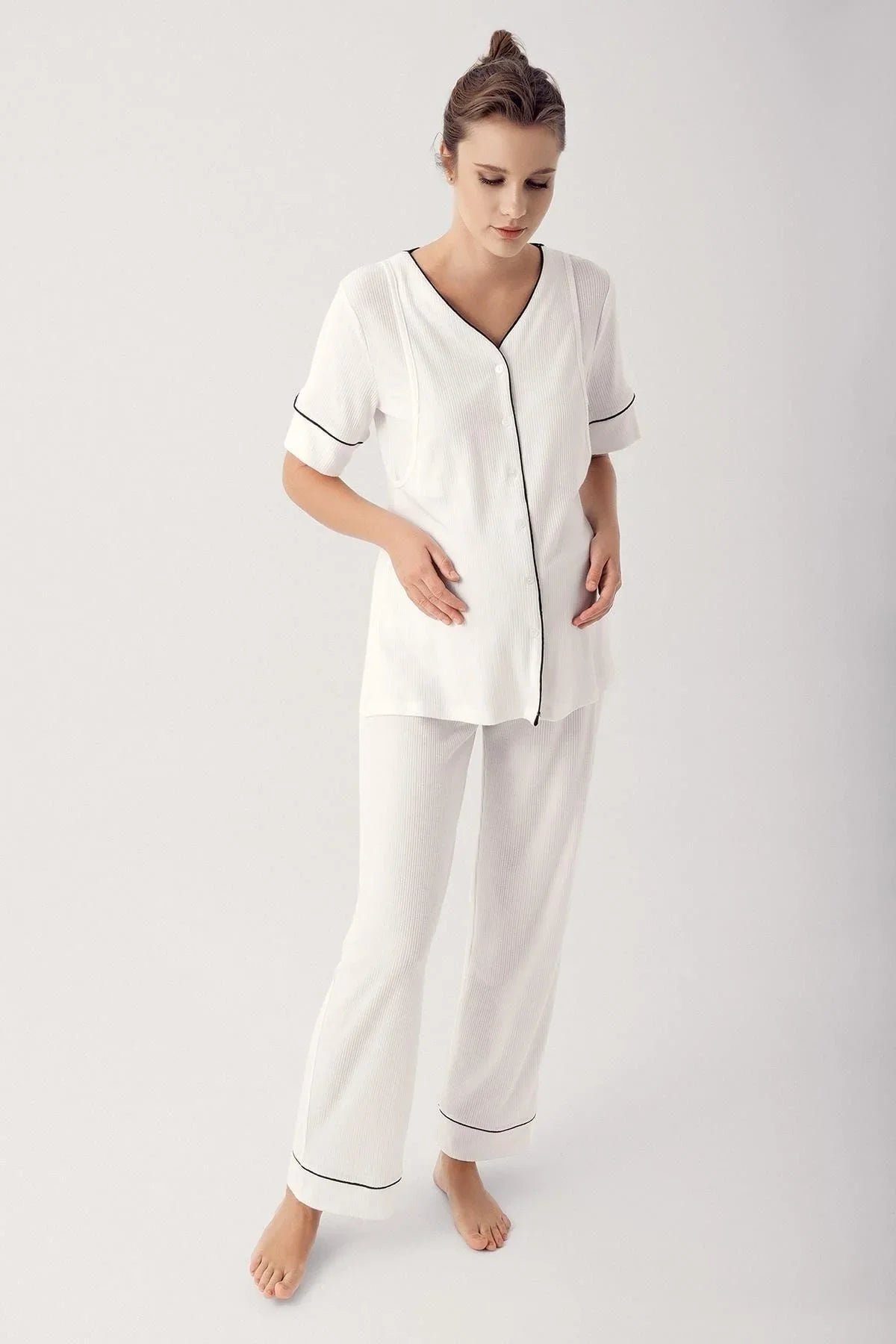 Düğmeli Kısa Kollu Esnek Viskoz Hamile Pijama Takımı 14209 - Artış Collection