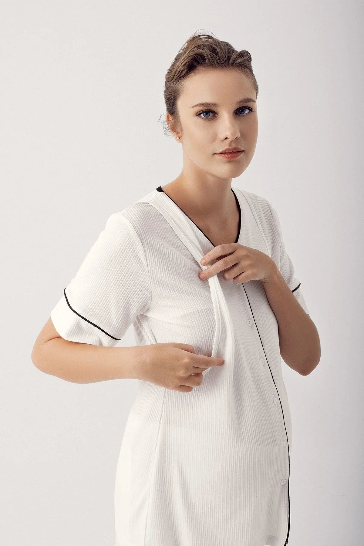 Düğmeli Kısa Kollu Esnek Viskoz Hamile Pijama Takımı 14209 - Artış Collection