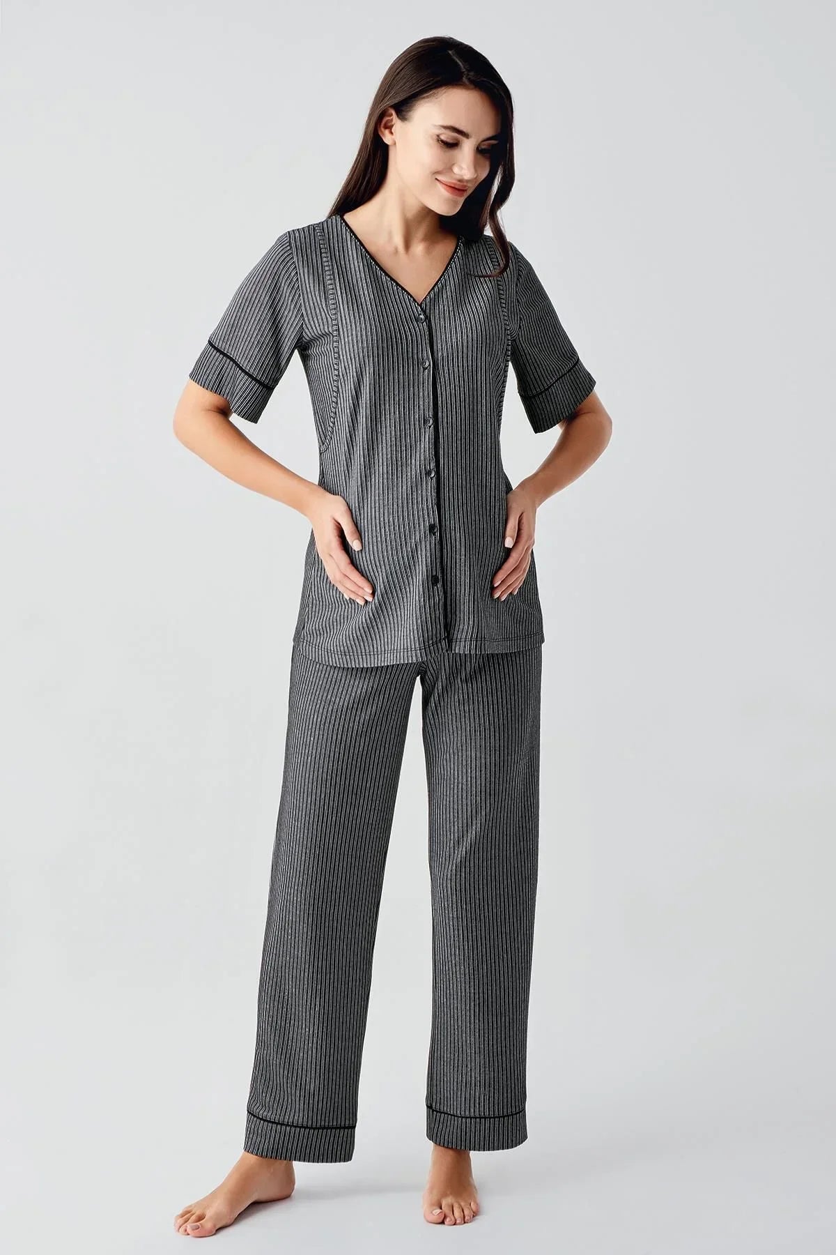 Düğmeli Kısa Kollu Esnek Viskoz Hamile Pijama Takımı 14209 - Artış Collection
