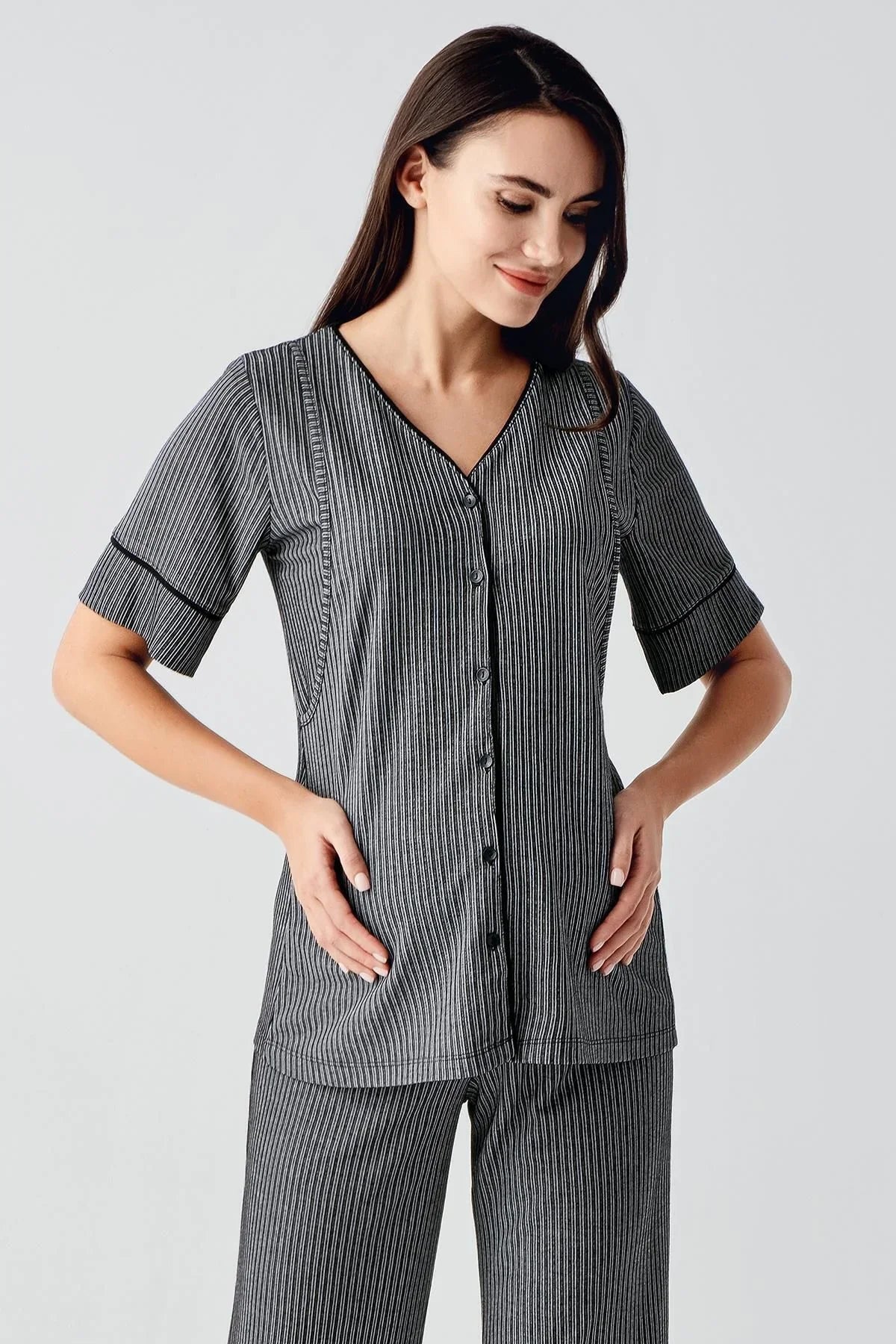 Düğmeli Kısa Kollu Esnek Viskoz Hamile Pijama Takımı 14209 - Artış Collection