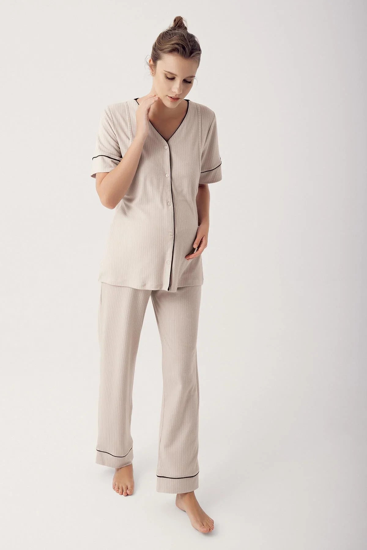 Düğmeli Kısa Kollu Esnek Viskoz Hamile Pijama Takımı 14209 - Artış Collection