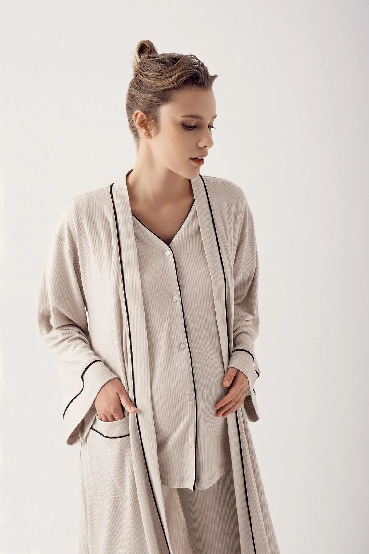 Düğmeli Kısa Kollu Esnek Viskoz Hamile Sabahlık Pijama Takımı 14306