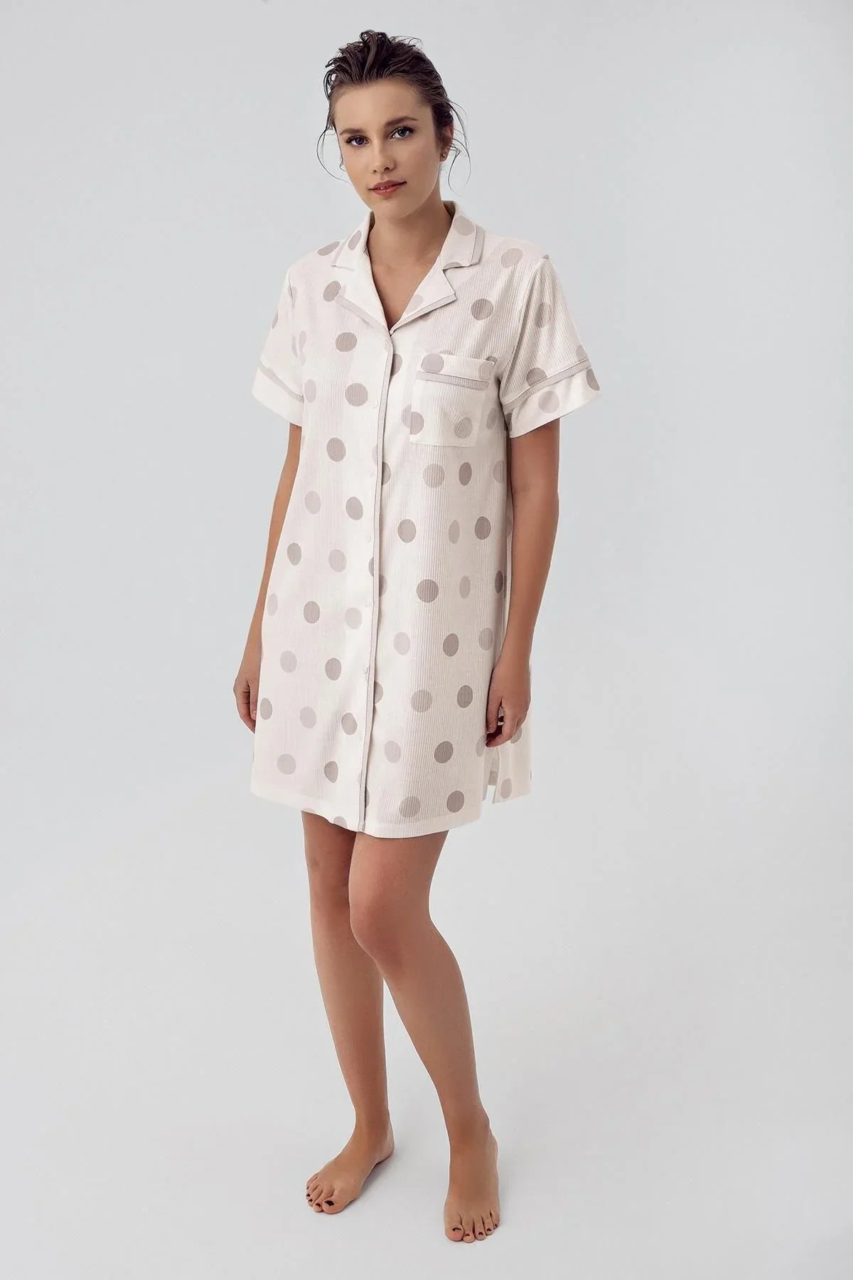 Buttoned Polka Dot Short Sleeve Flexible Viscose Nightgown 16100