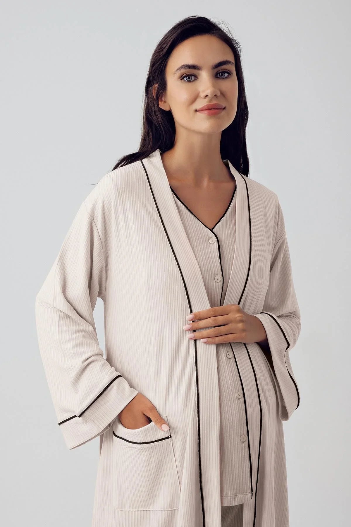 Düğmeli Uzun Kollu Esnek Viskoz Hamile Sabahlık Pijama Takımı 15307