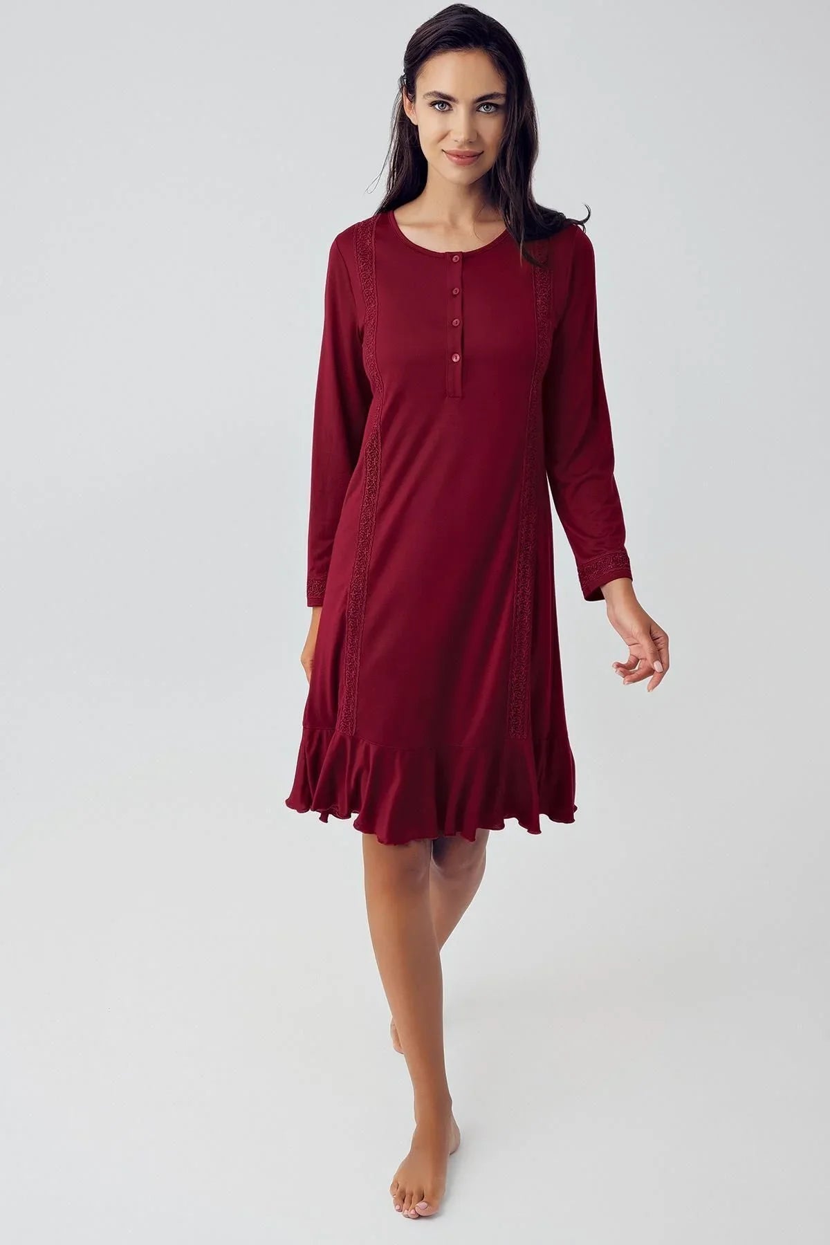 Düğmeli Uzun Kollu Esnek Viskoz Kısa Gecelik 15116