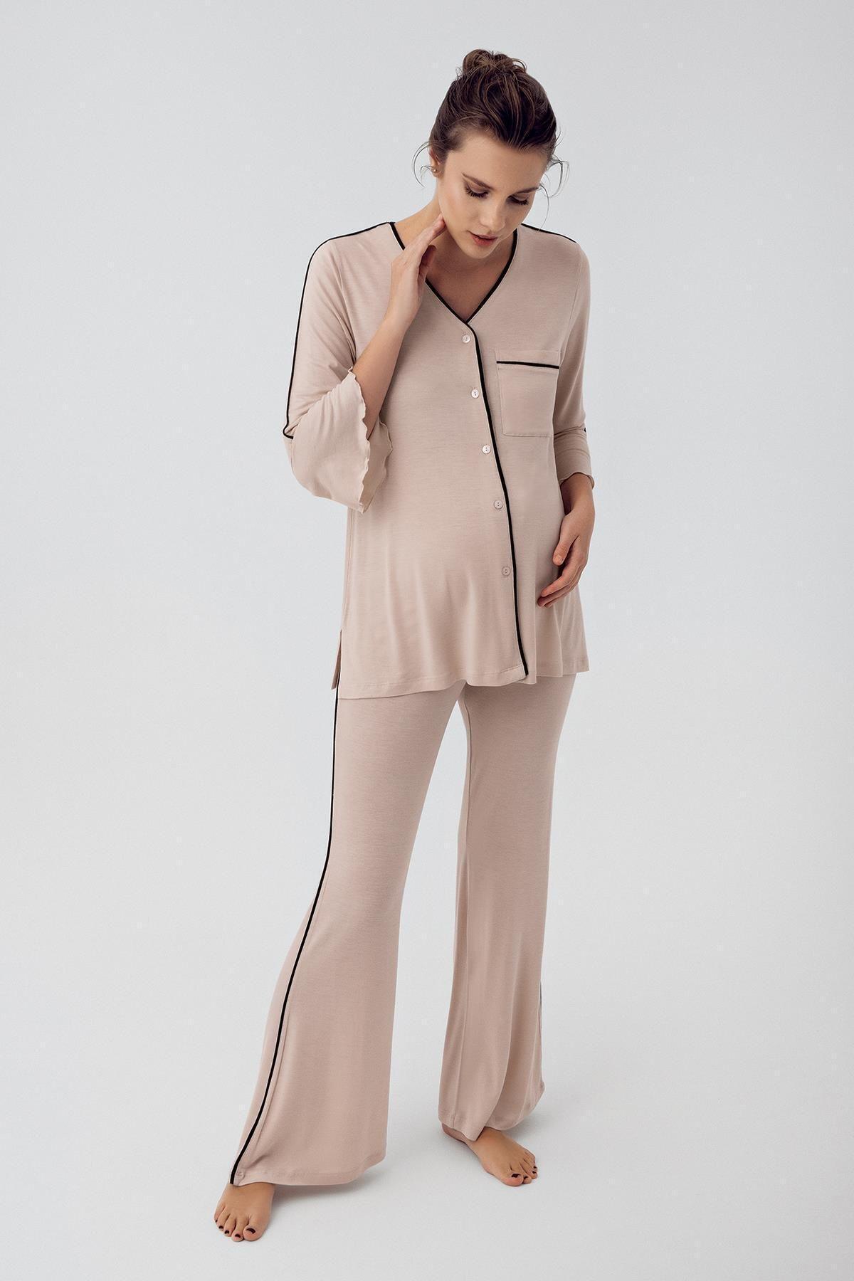 Düğmeli Uzun Kollu Kısa Esnek Viskoz Hamile Pijama Takımı 16207