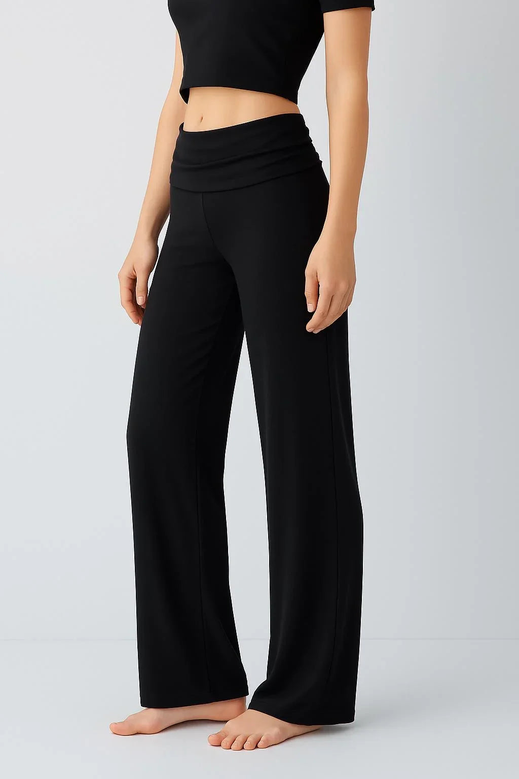 Straight Leg Fold-Back Waist Flexible Viscose Trousers VTP01