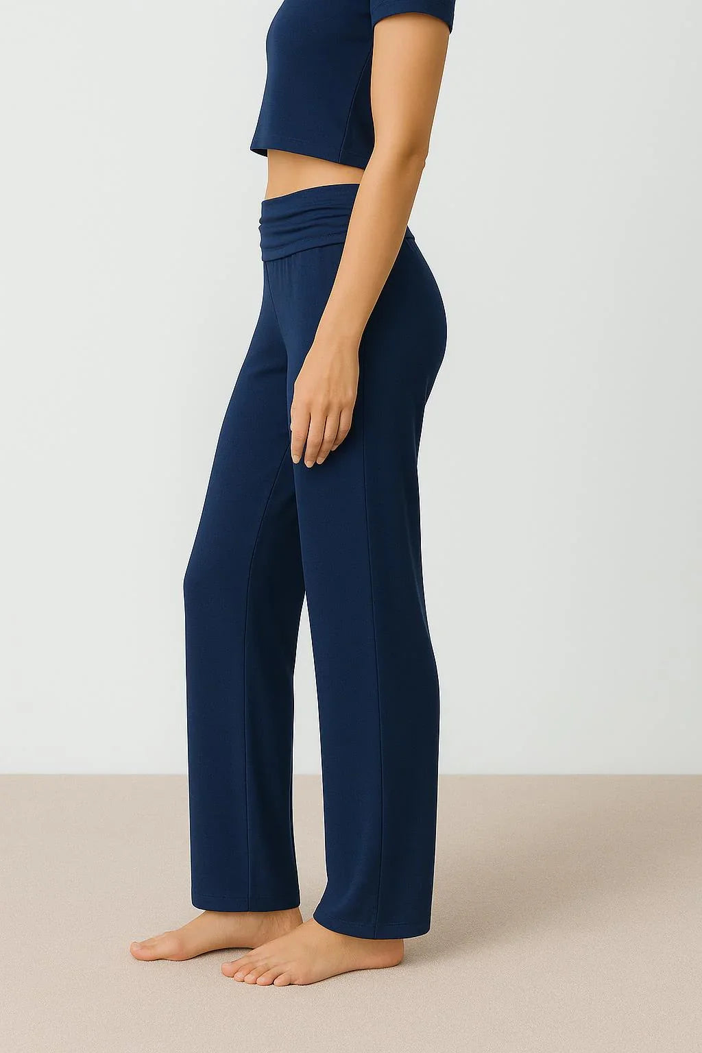 Straight Leg Fold-Back Waist Flexible Viscose Trousers VTP01