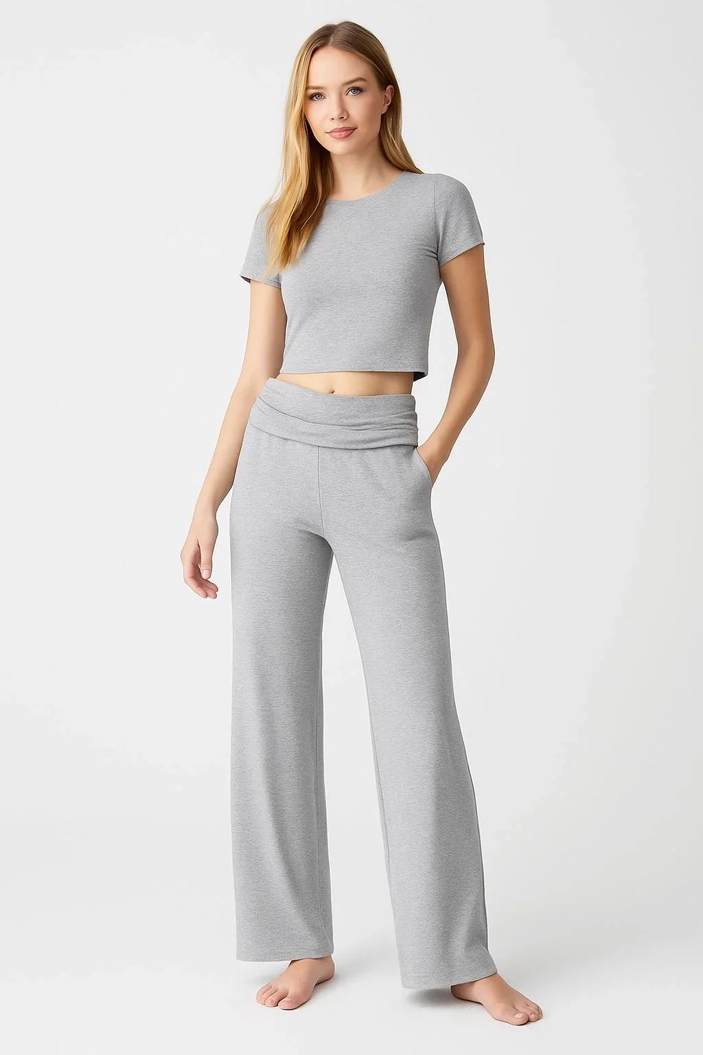 Straight Leg Fold-Back Waist Flexible Viscose Trousers VTP01