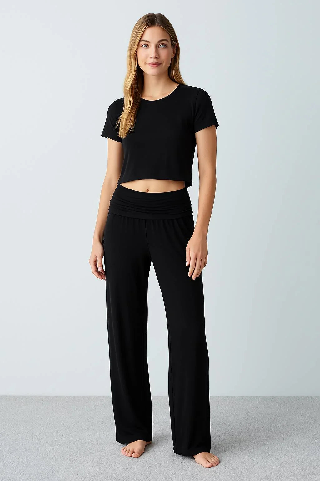 Straight Leg Fold-Back Waist Flexible Viscose Trousers VTP01