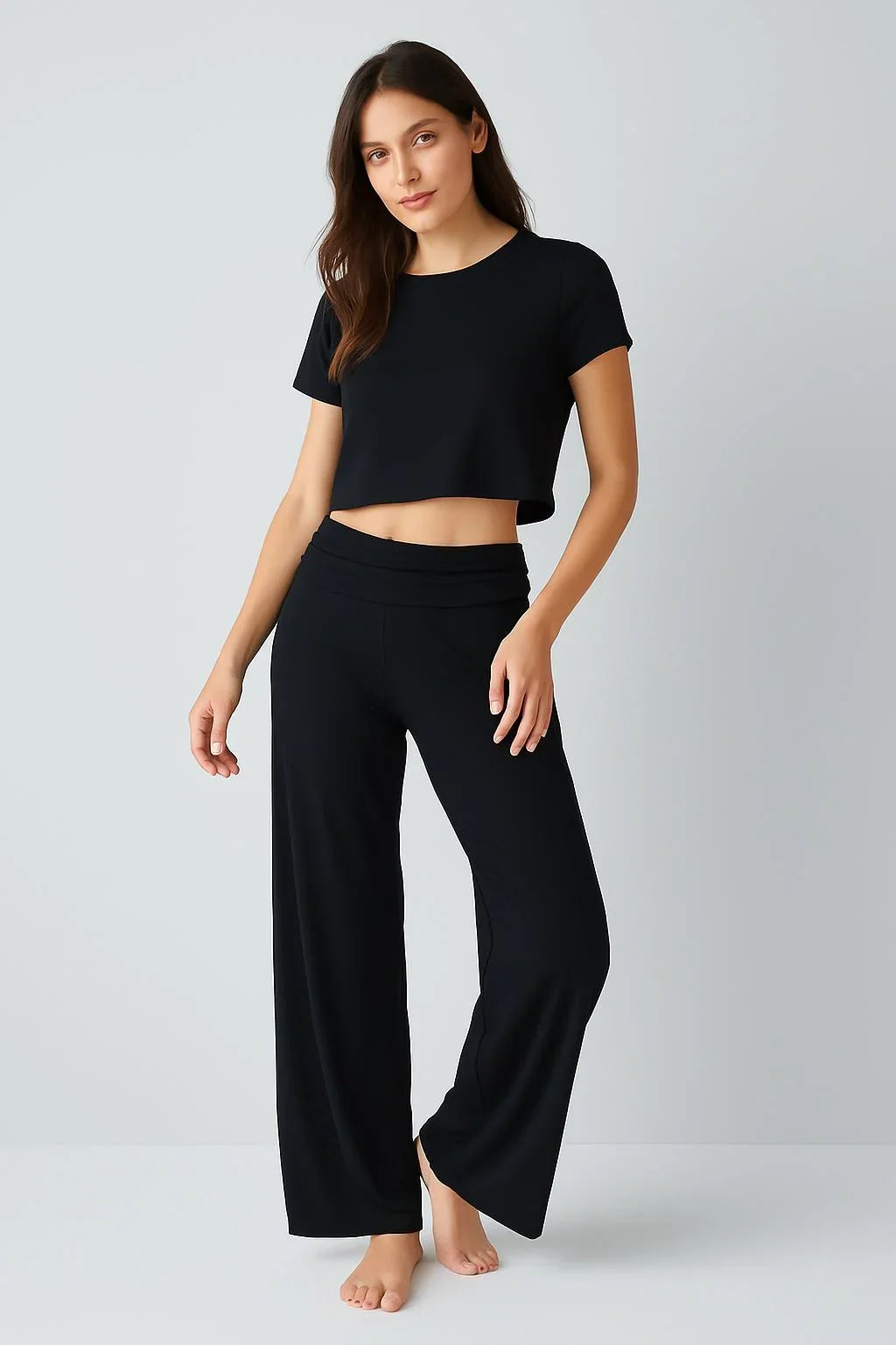 Straight Leg Fold-Back Waist Flexible Viscose Trousers VTP01