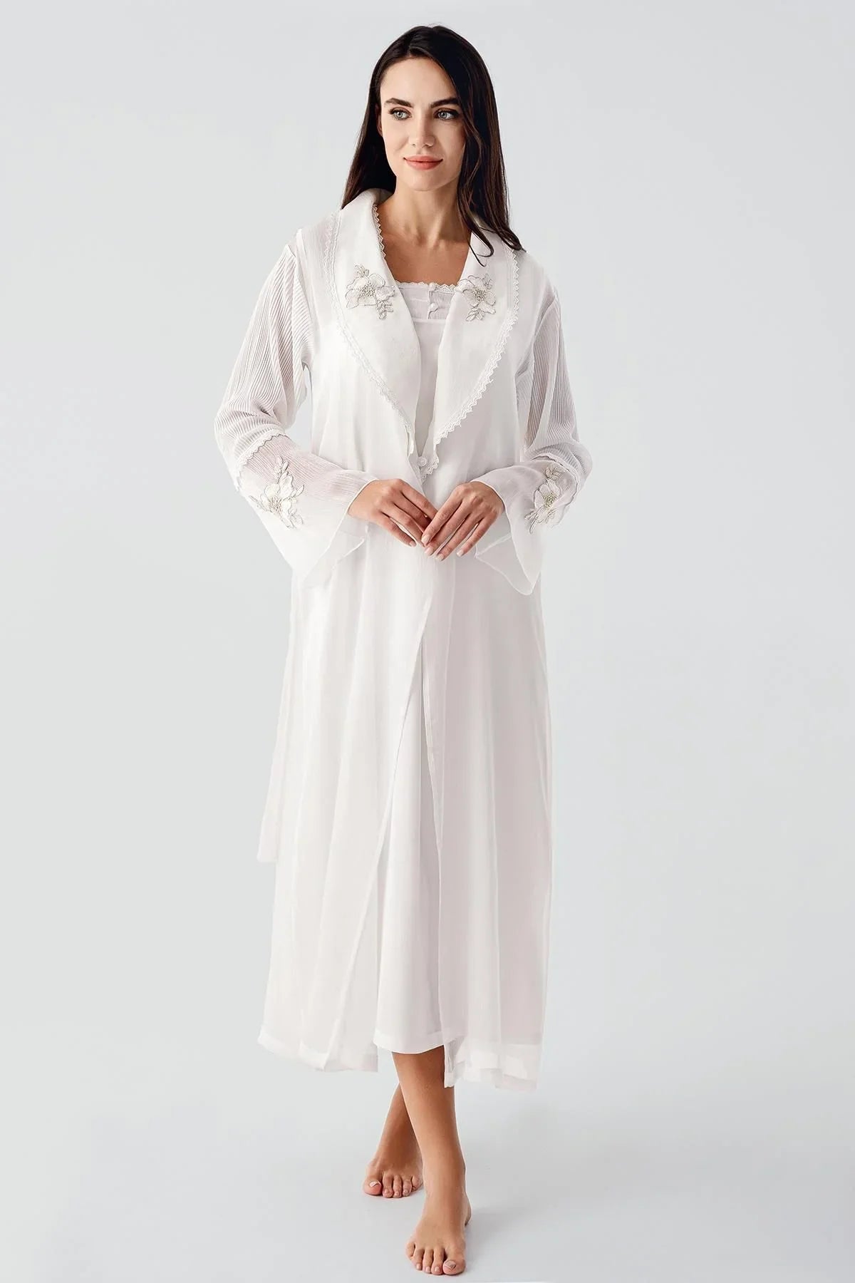 Elegant Dokuma Dantelli Viskoz Sabahlık Gecelik Takım BN01