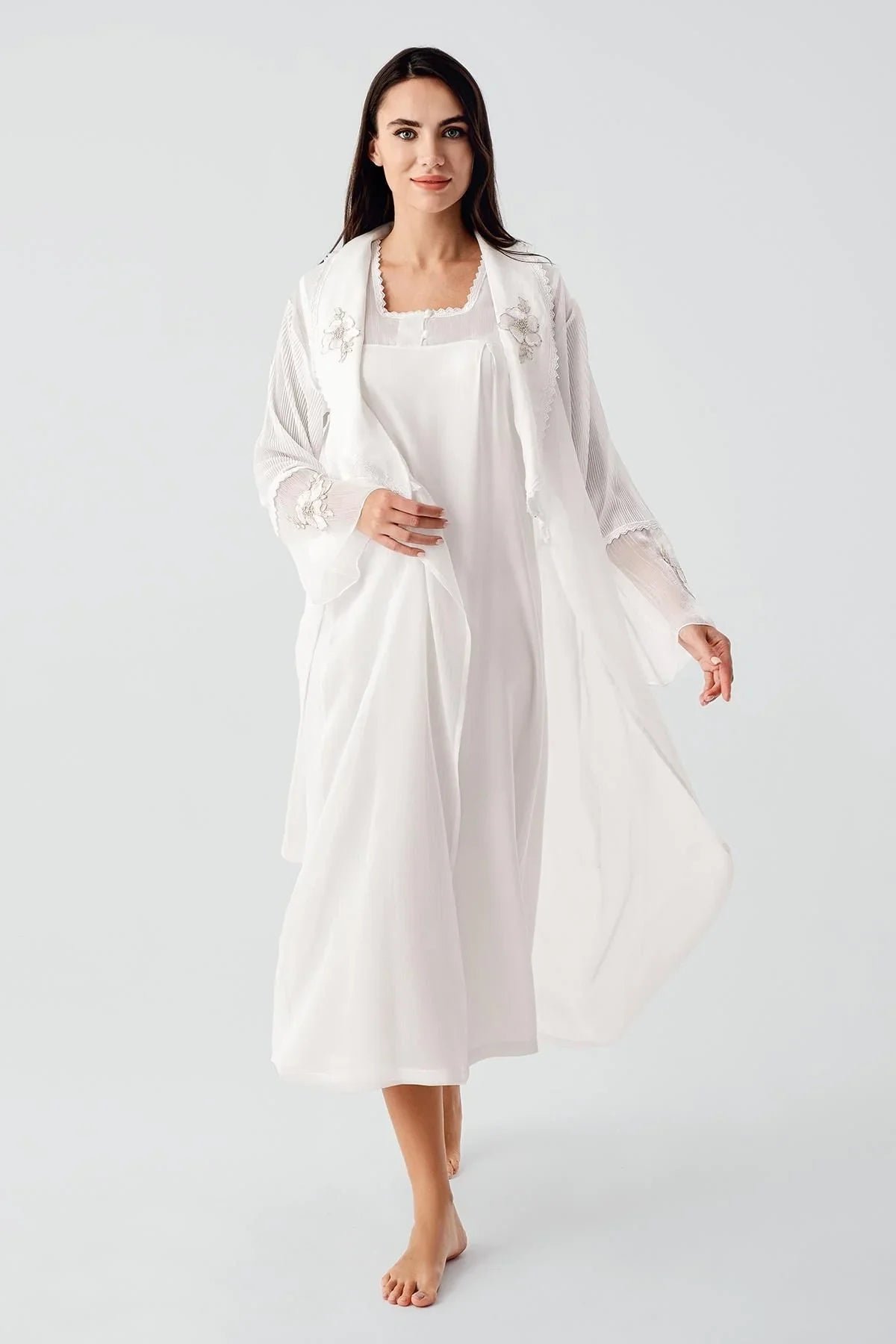 Elegant Dokuma Dantelli Viskoz Sabahlık Gecelik Takım BN01 - Artış Collection