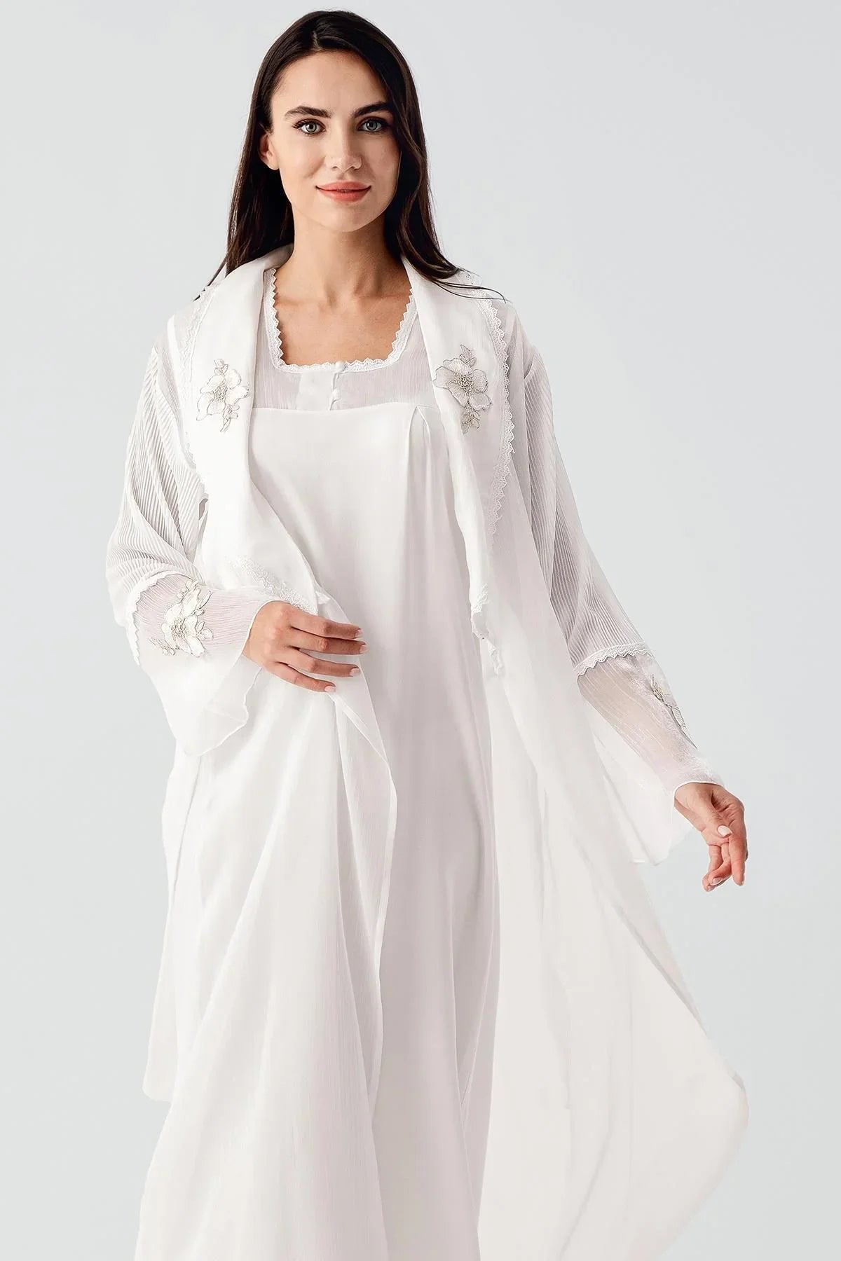 Elegant Dokuma Dantelli Viskoz Sabahlık Gecelik Takım BN01 - Artış Collection