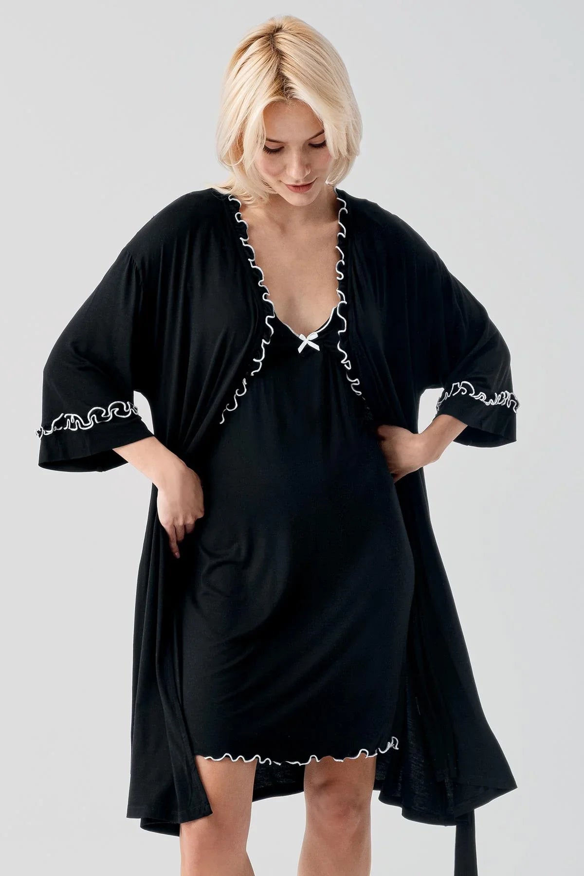 Askılı Kısa Esnek Likralı Viskoz Soft Hamile Sabahlık Gecelik Takım 19400