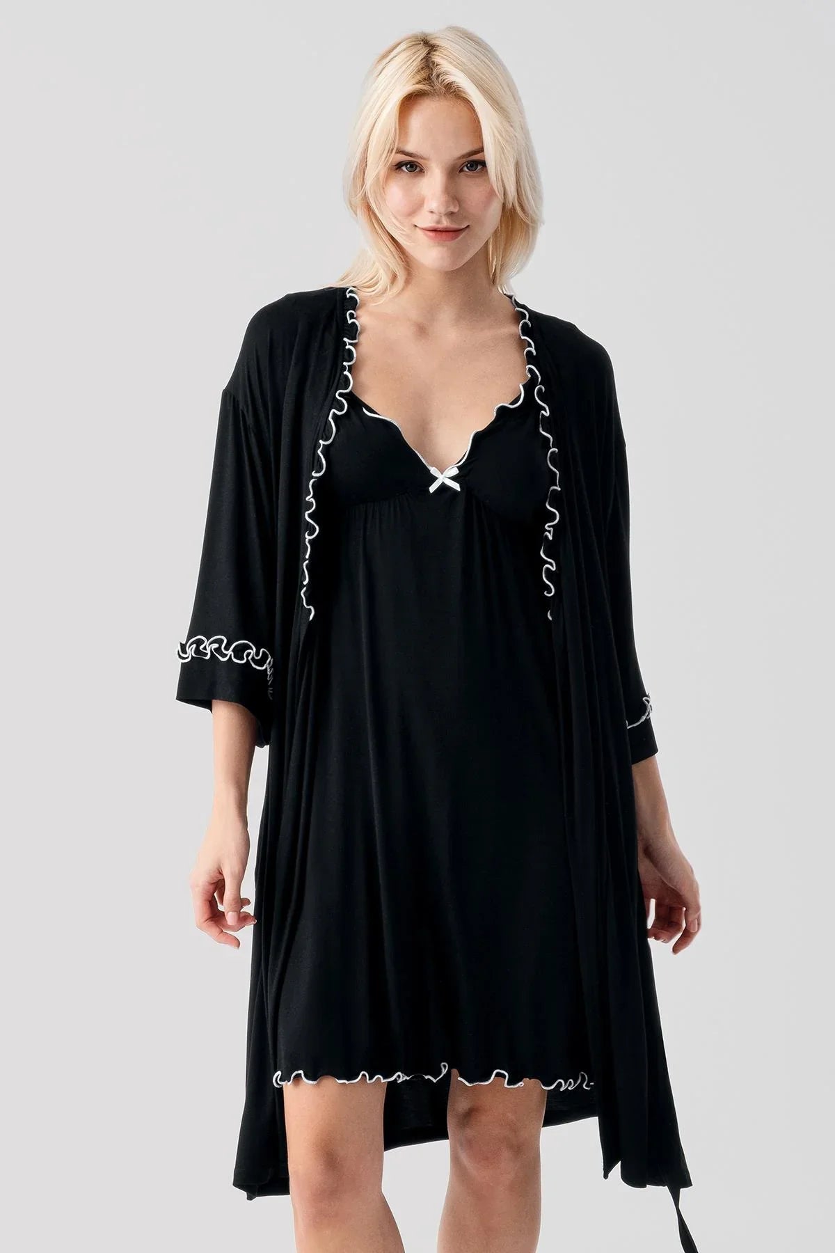 Askılı Kısa Esnek Likralı Viskoz Soft Hamile Sabahlık Gecelik Takım 19400