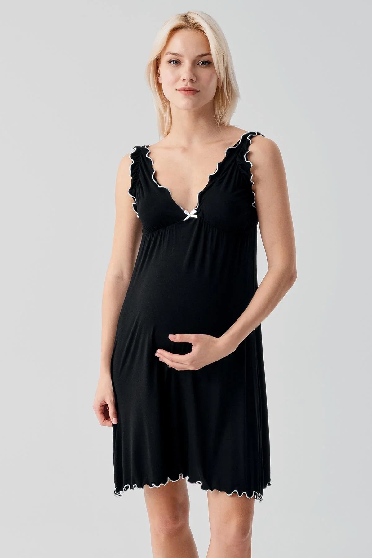 Askılı Kısa Esnek Likralı Viskoz Soft Hamile Sabahlık Gecelik Takım 19400