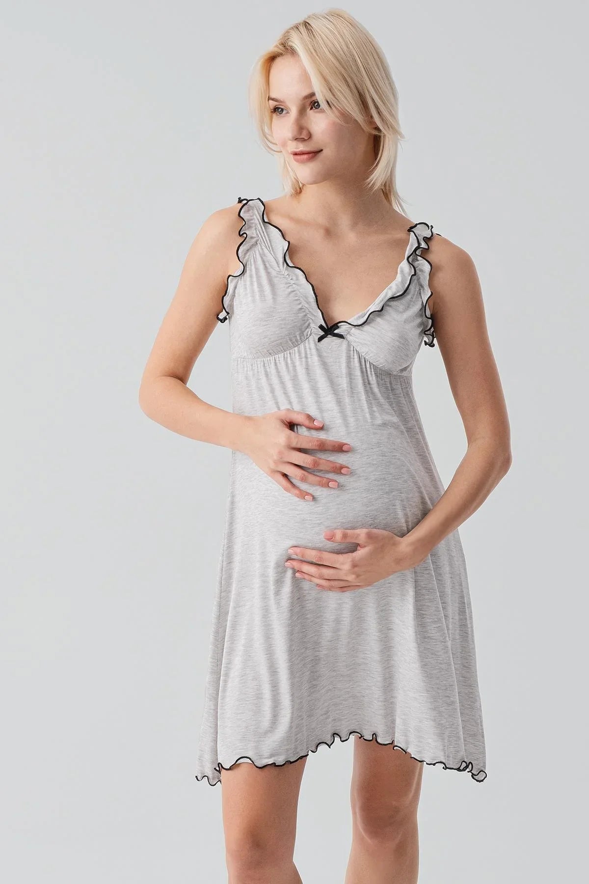 Askılı Kısa Esnek Likralı Viskoz Soft Hamile Sabahlık Gecelik Takım 19400