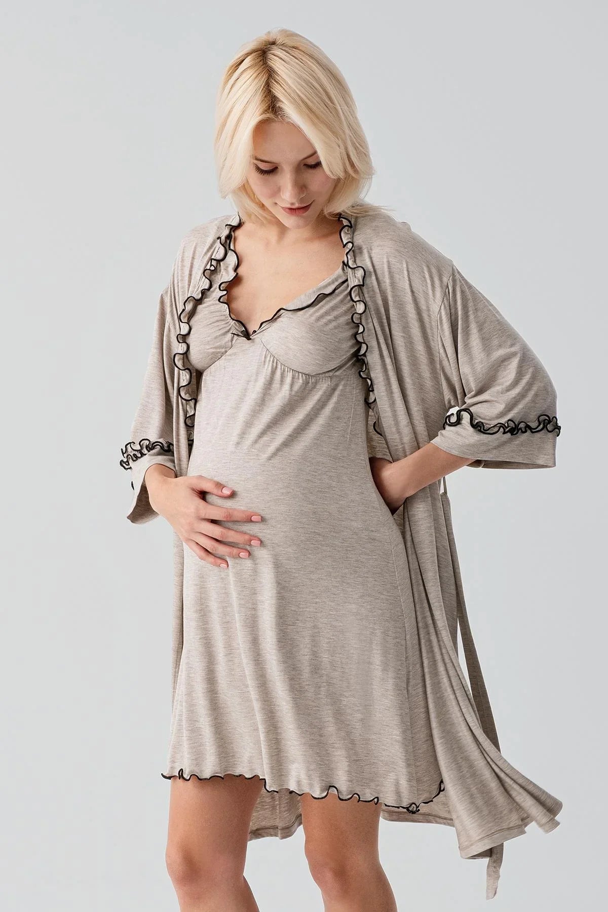 Askılı Kısa Esnek Likralı Viskoz Soft Hamile Sabahlık Gecelik Takım 19400