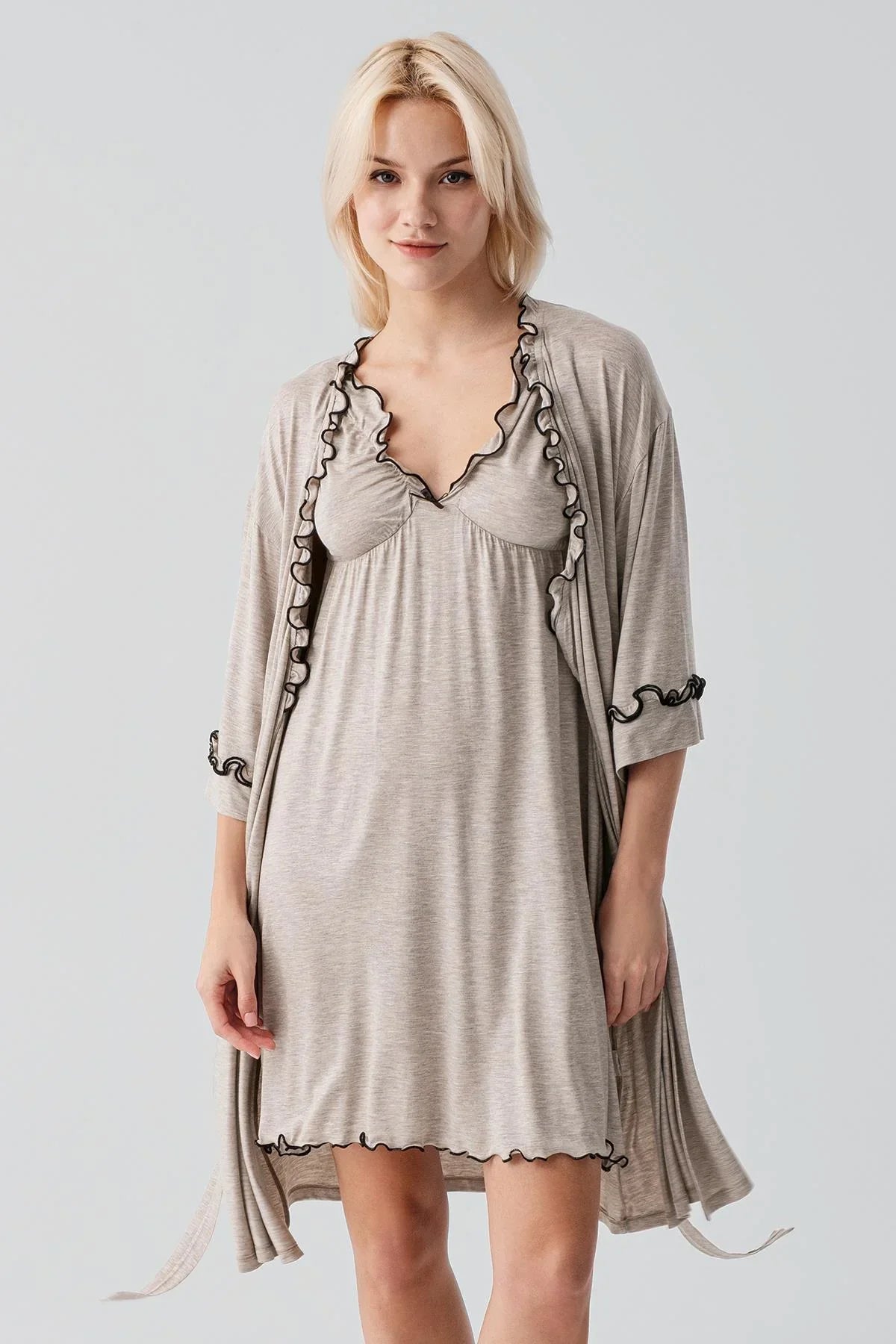 Askılı Kısa Esnek Likralı Viskoz Soft Hamile Sabahlık Gecelik Takım 19400