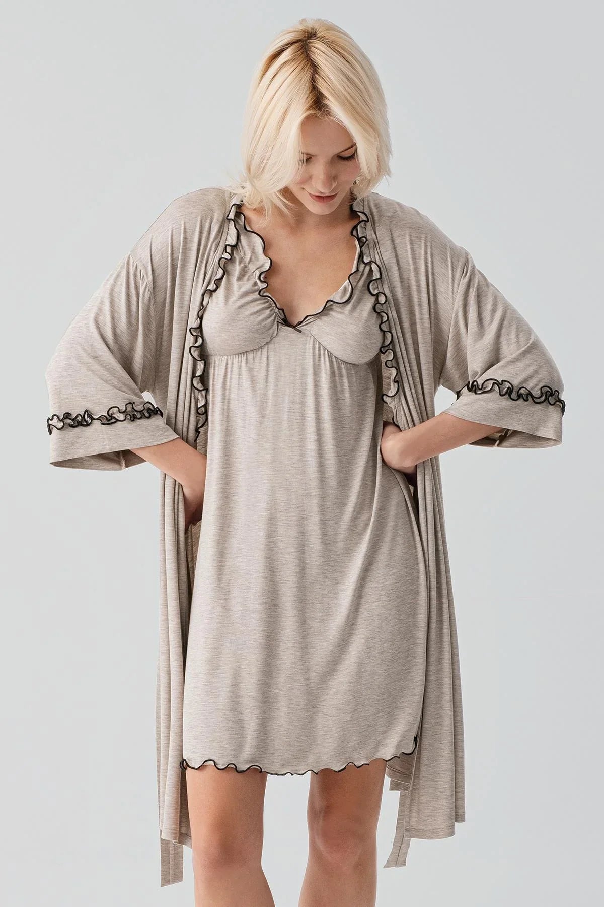 Askılı Kısa Esnek Likralı Viskoz Soft Hamile Sabahlık Gecelik Takım 19400