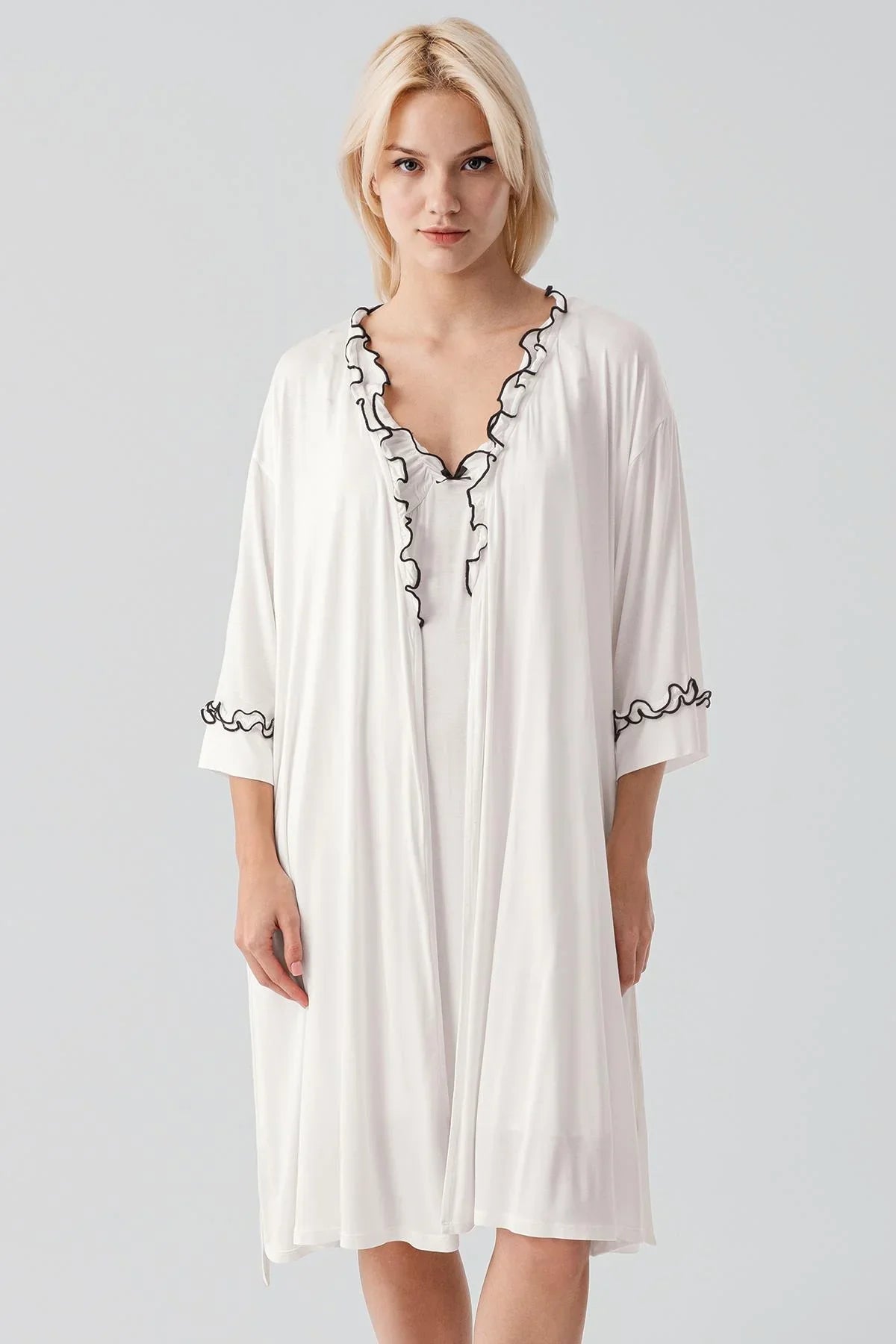 Askılı Kısa Esnek Likralı Viskoz Soft Hamile Sabahlık Gecelik Takım 19400