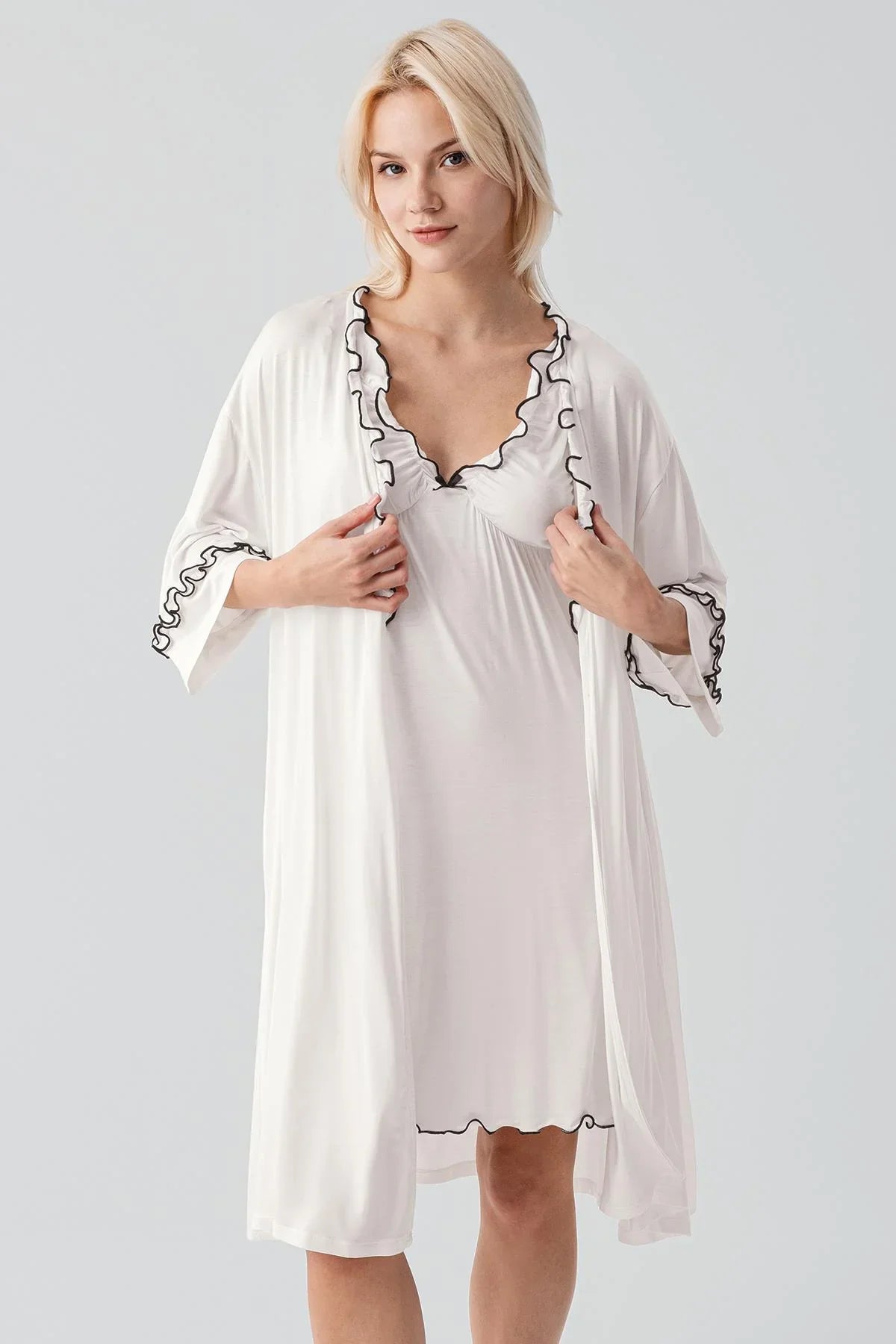 Askılı Kısa Esnek Likralı Viskoz Soft Hamile Sabahlık Gecelik Takım 19400