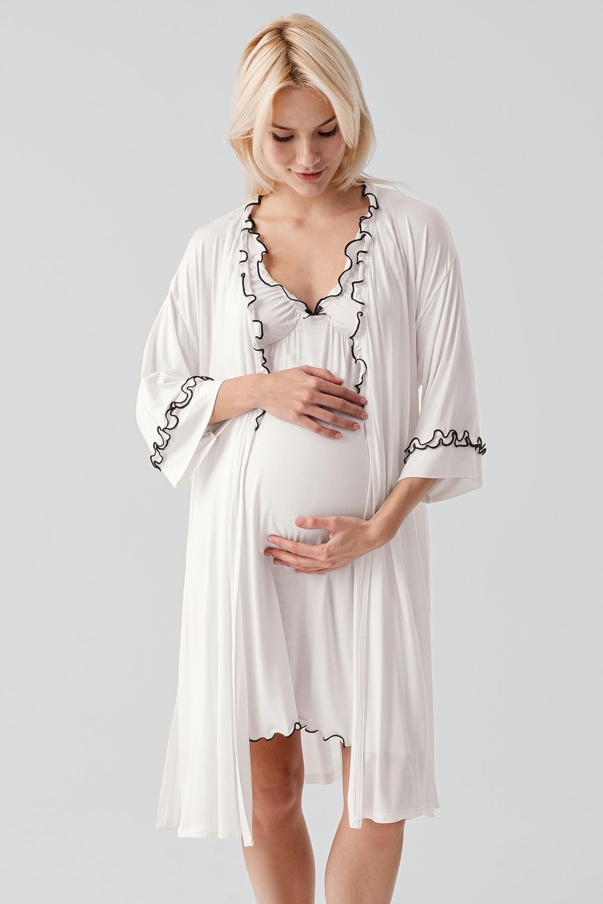 Askılı Kısa Esnek Viskoz Hamile Sabahlık Gecelik Takım 19400