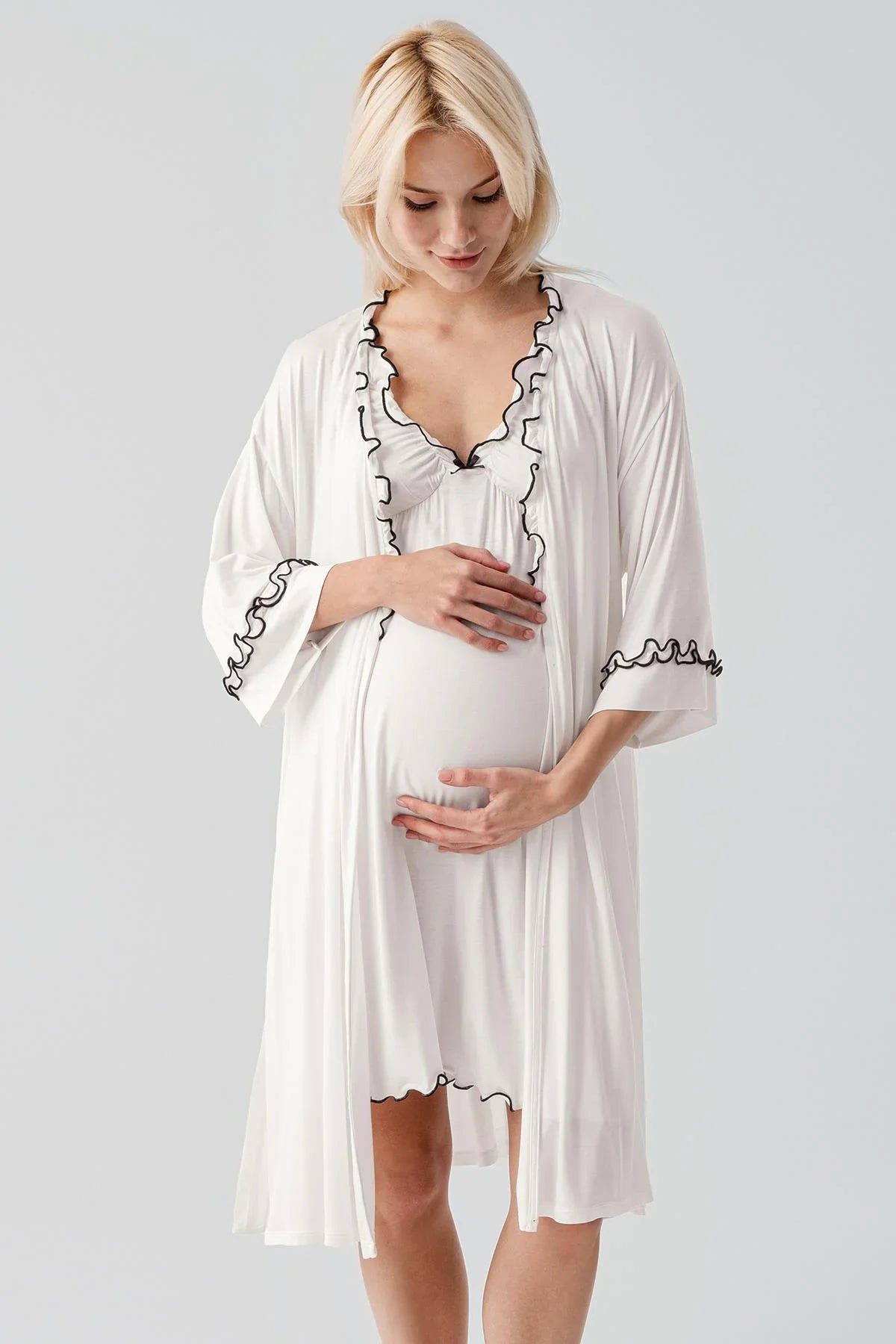 Askılı Kısa Esnek Likralı Viskoz Soft Hamile Sabahlık Gecelik Takım 19400