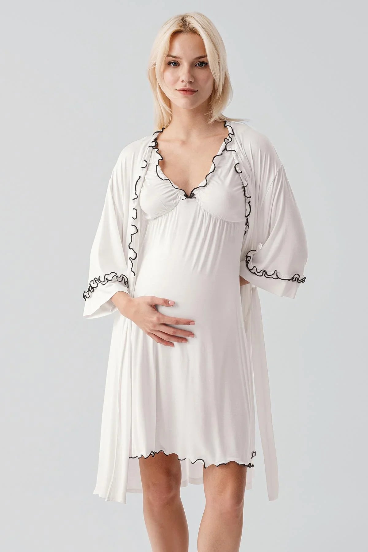 Askılı Kısa Esnek Likralı Viskoz Soft Hamile Sabahlık Gecelik Takım 19400