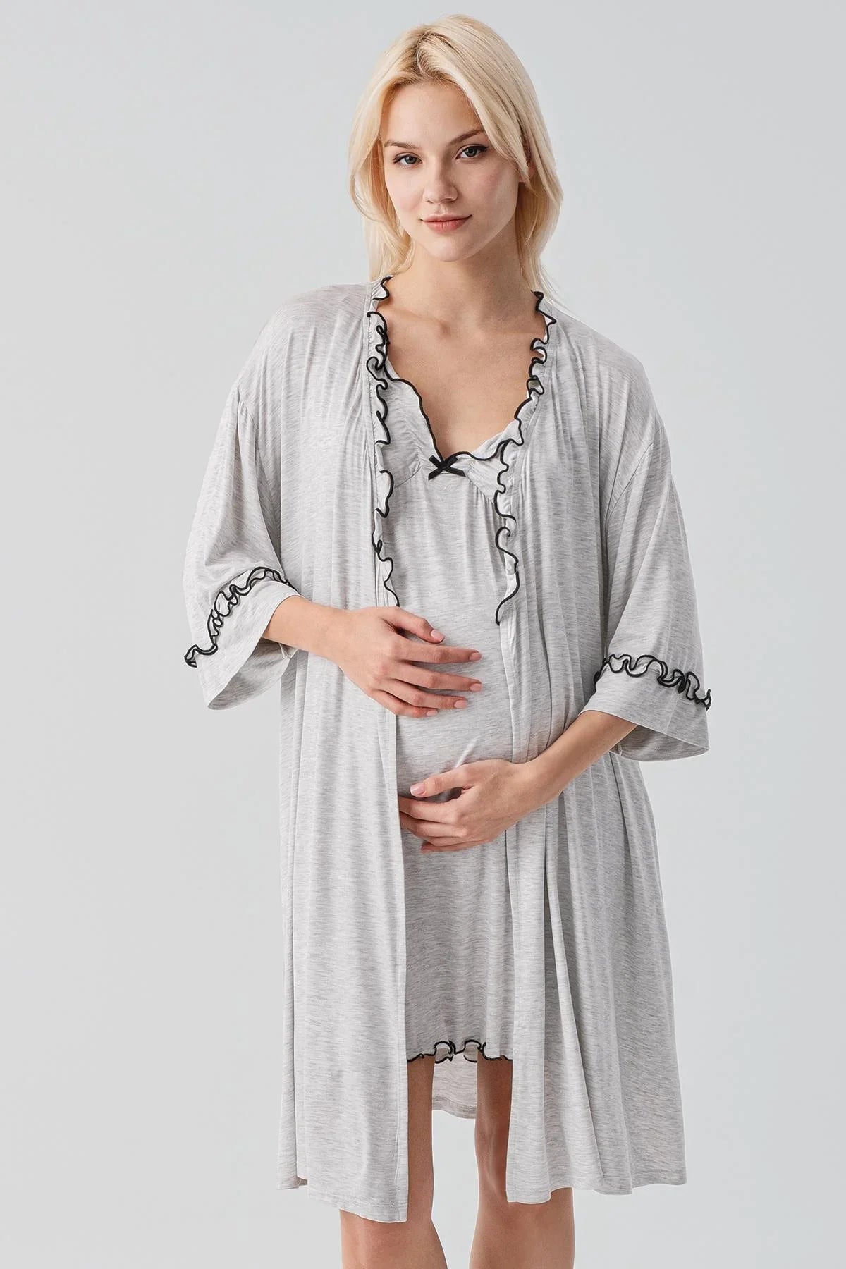 Askılı Kısa Esnek Likralı Viskoz Soft Hamile Sabahlık Gecelik Takım 19400