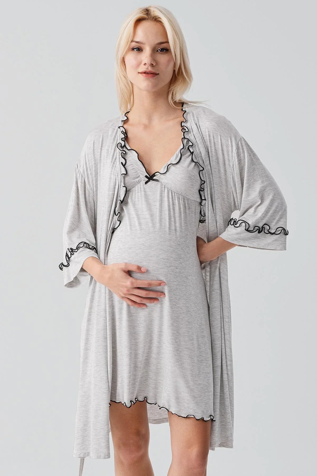 Askılı Kısa Esnek Likralı Viskoz Soft Hamile Sabahlık Gecelik Takım 19400