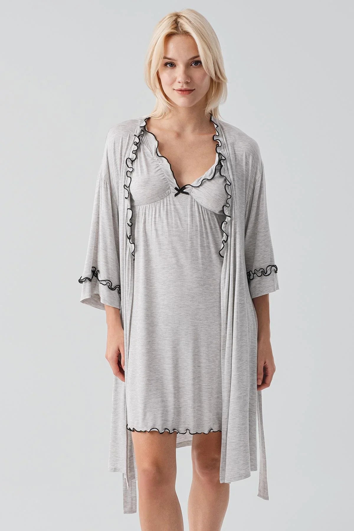 Askılı Kısa Esnek Likralı Viskoz Soft Hamile Sabahlık Gecelik Takım 19400