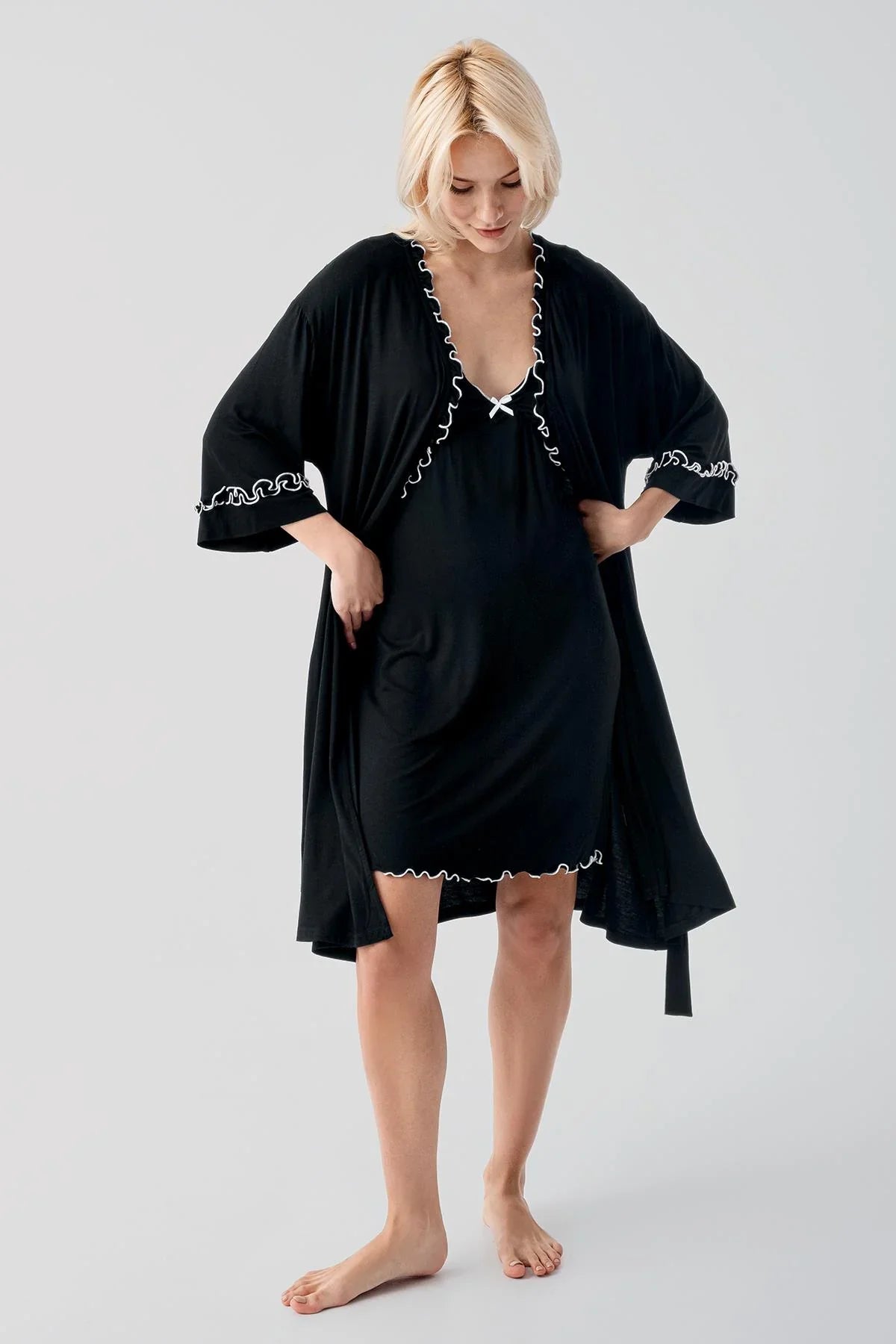 Askılı Kısa Esnek Likralı Viskoz Soft Hamile Sabahlık Gecelik Takım 19400