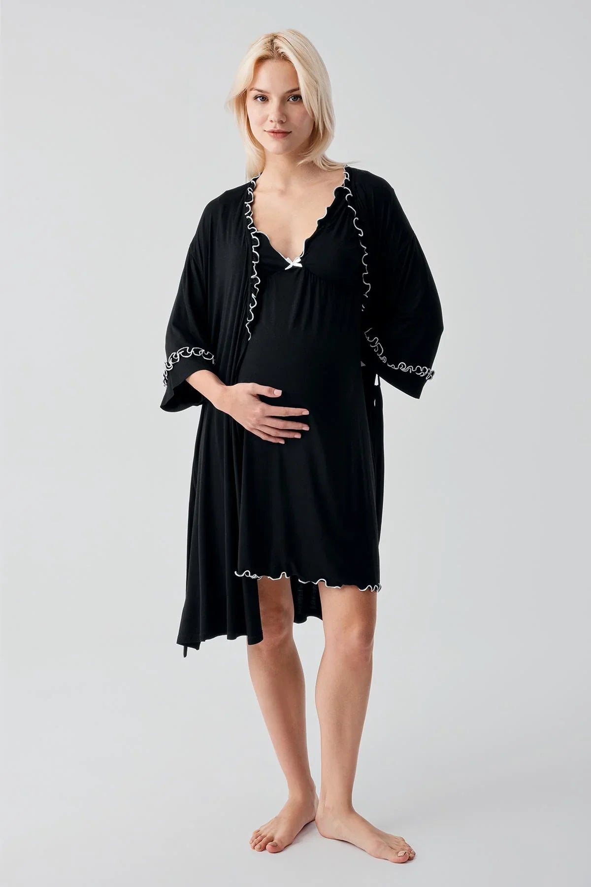 Askılı Kısa Esnek Likralı Viskoz Soft Hamile Sabahlık Gecelik Takım 19400