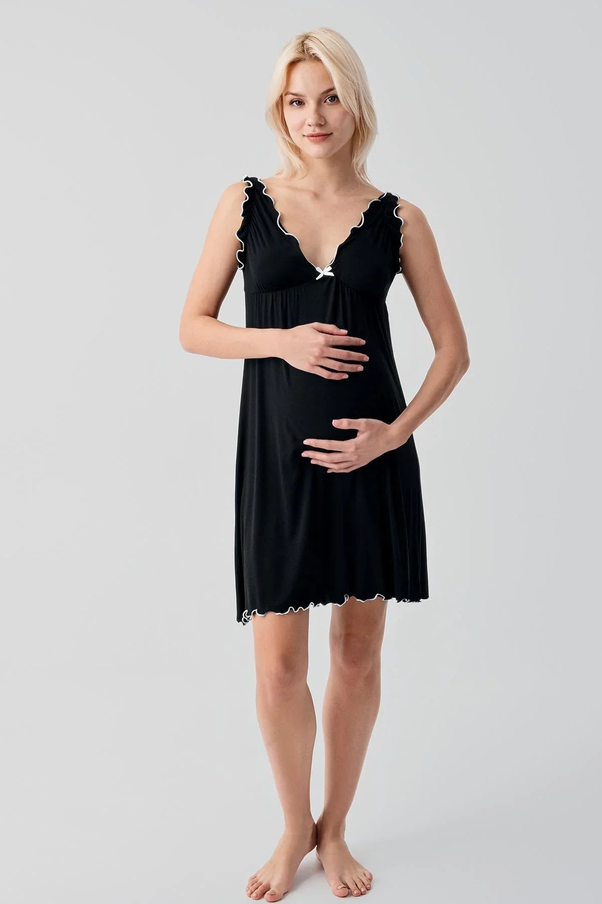 Askılı Kısa Esnek Likralı Viskoz Soft Hamile Sabahlık Gecelik Takım 19400