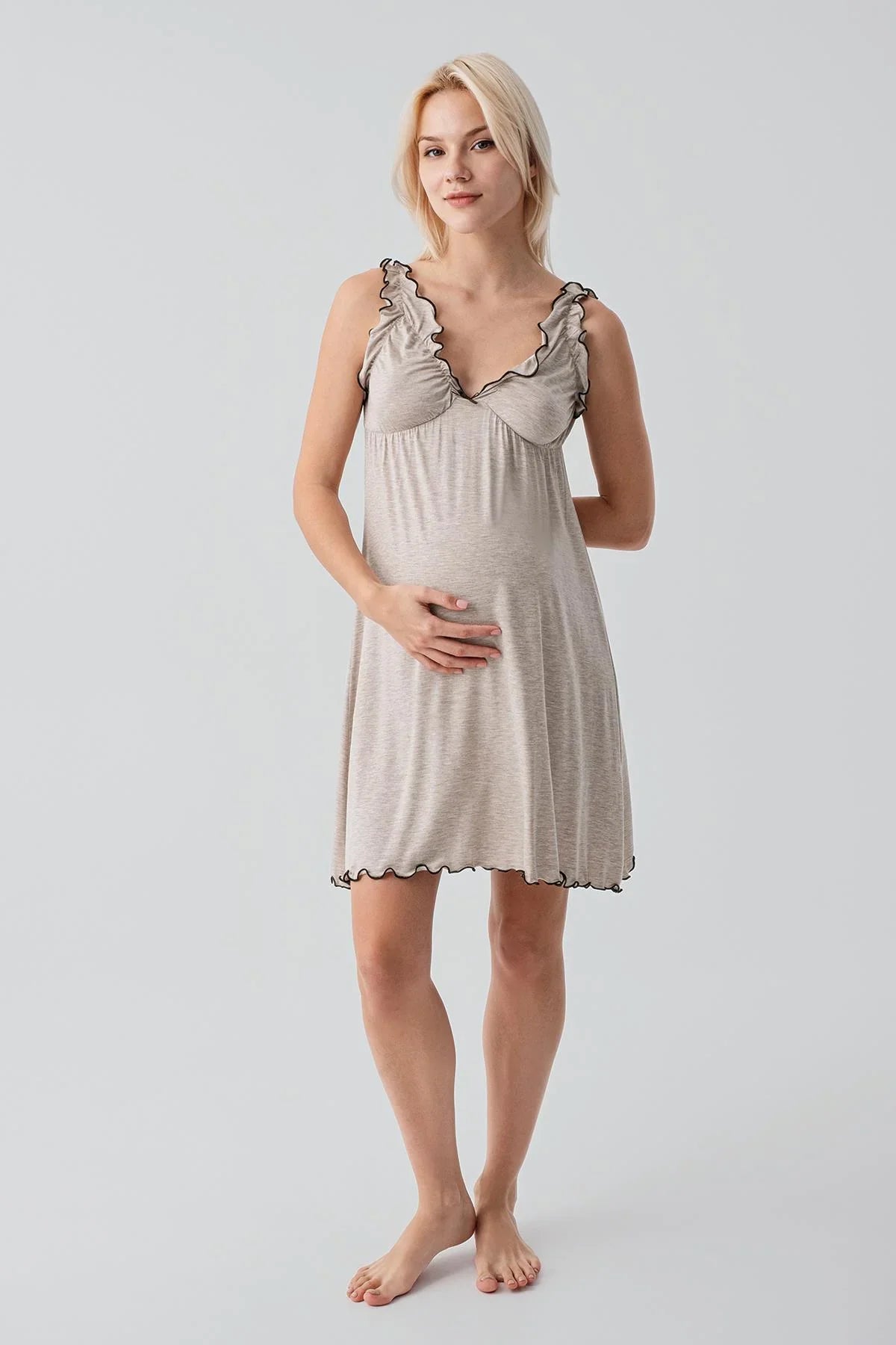 Askılı Kısa Esnek Likralı Viskoz Soft Hamile Sabahlık Gecelik Takım 19400