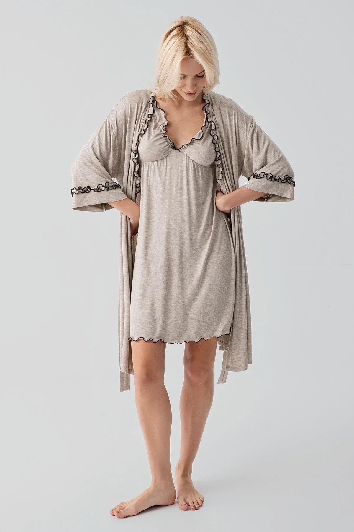 Askılı Kısa Esnek Likralı Viskoz Soft Hamile Sabahlık Gecelik Takım 19400