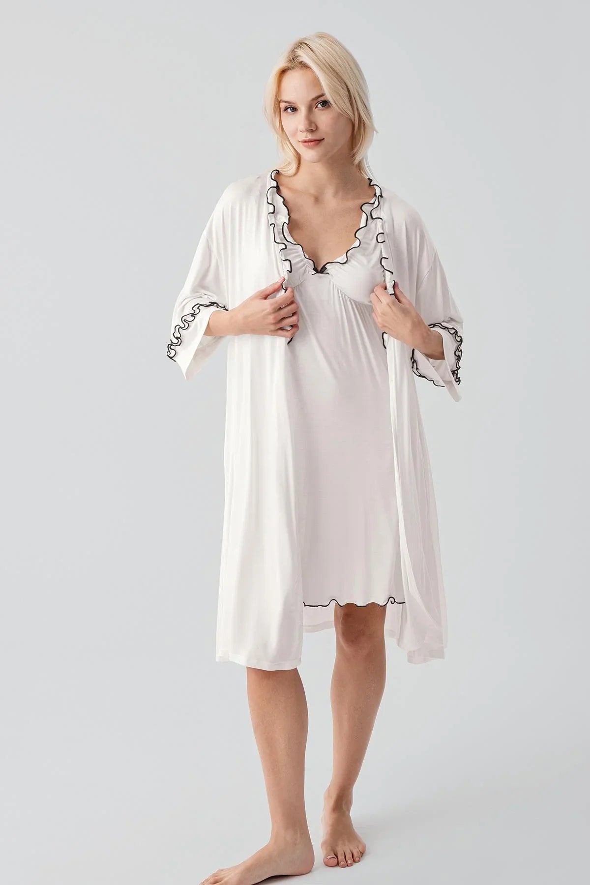 Askılı Kısa Esnek Likralı Viskoz Soft Hamile Sabahlık Gecelik Takım 19400