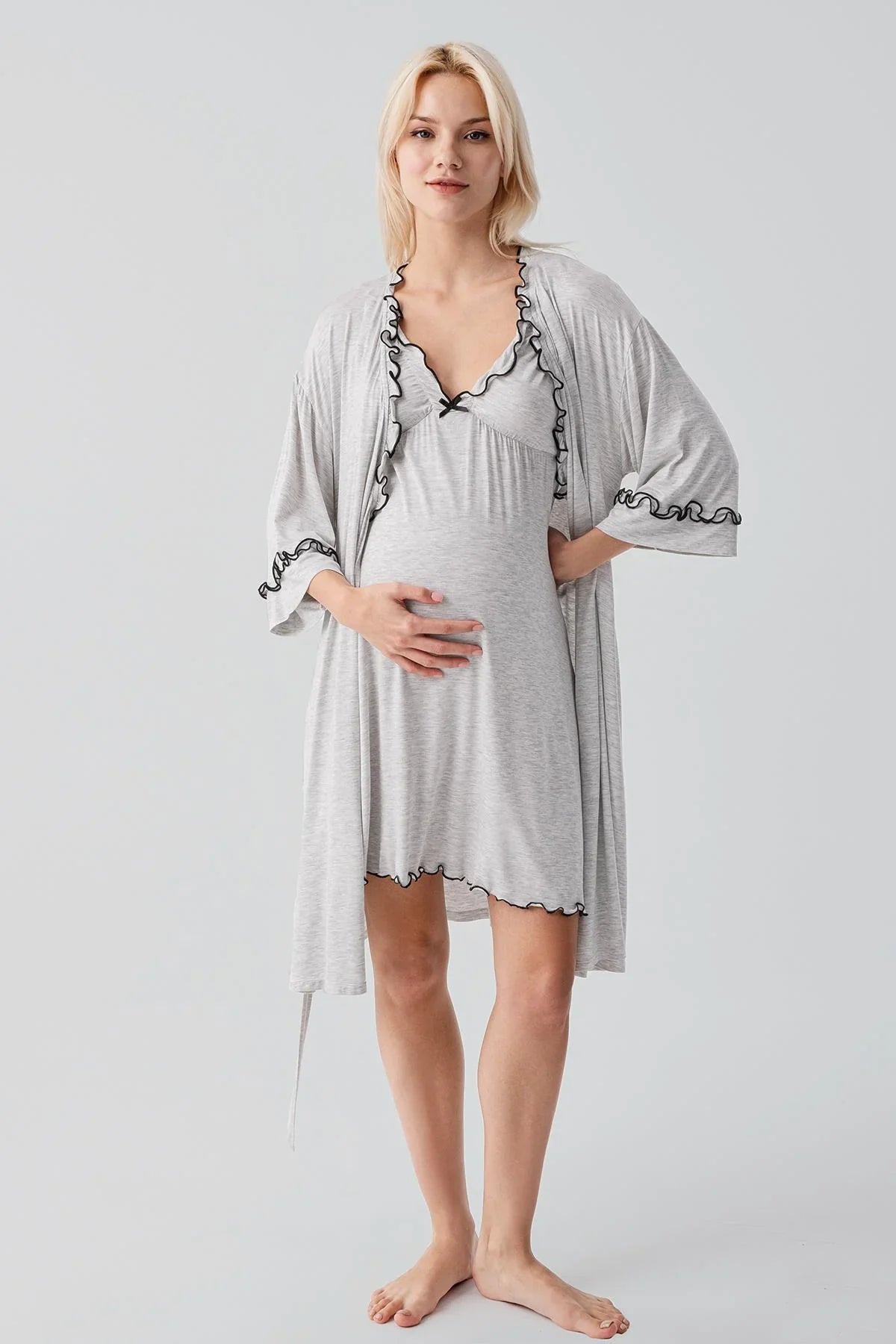 Askılı Kısa Esnek Likralı Viskoz Soft Hamile Sabahlık Gecelik Takım 19400